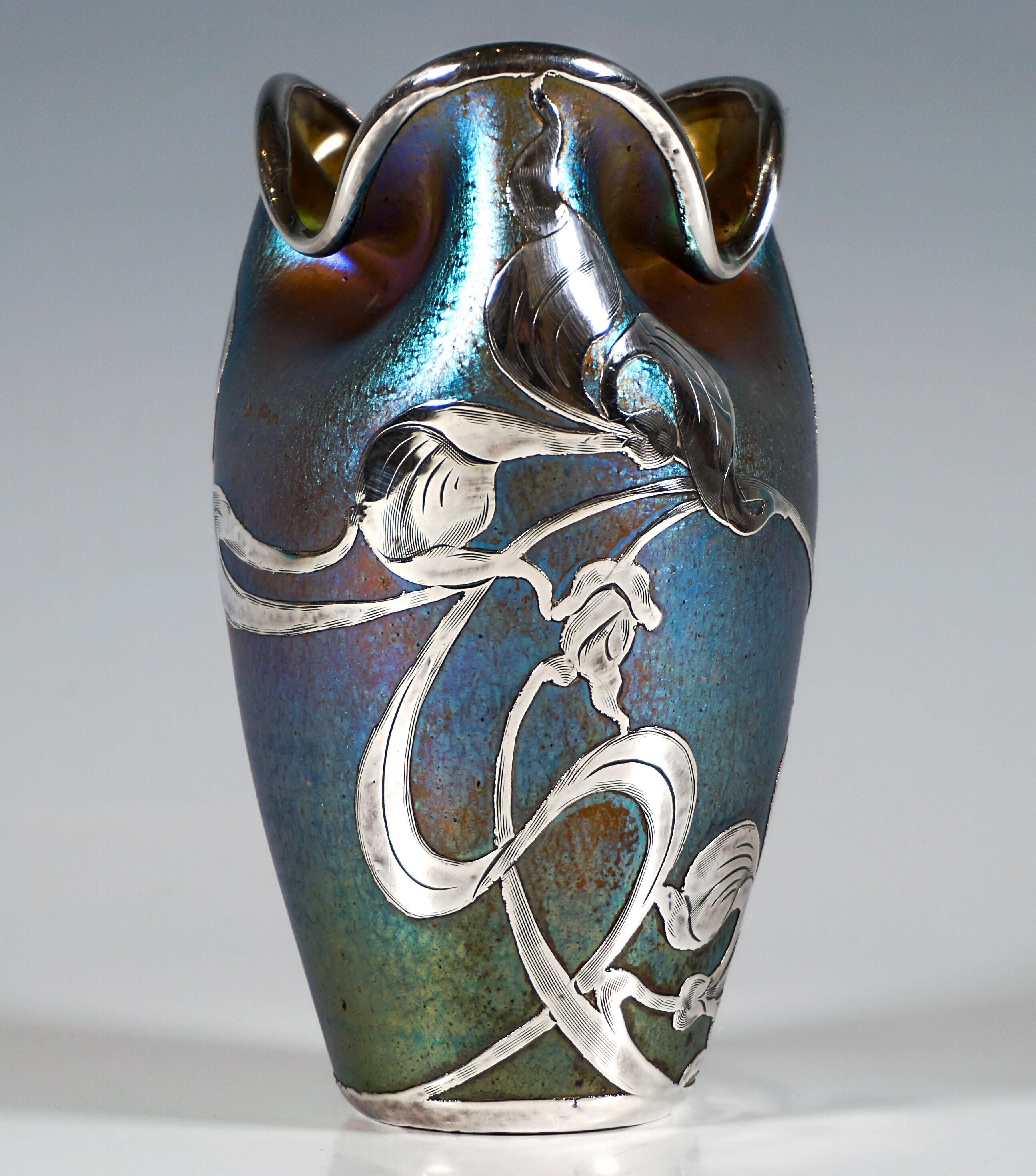 Loetz Art Nouveau Vase Decor Silberiris, Silver Overlay, Austria-Hungary, 1902 In Good Condition In Vienna, AT