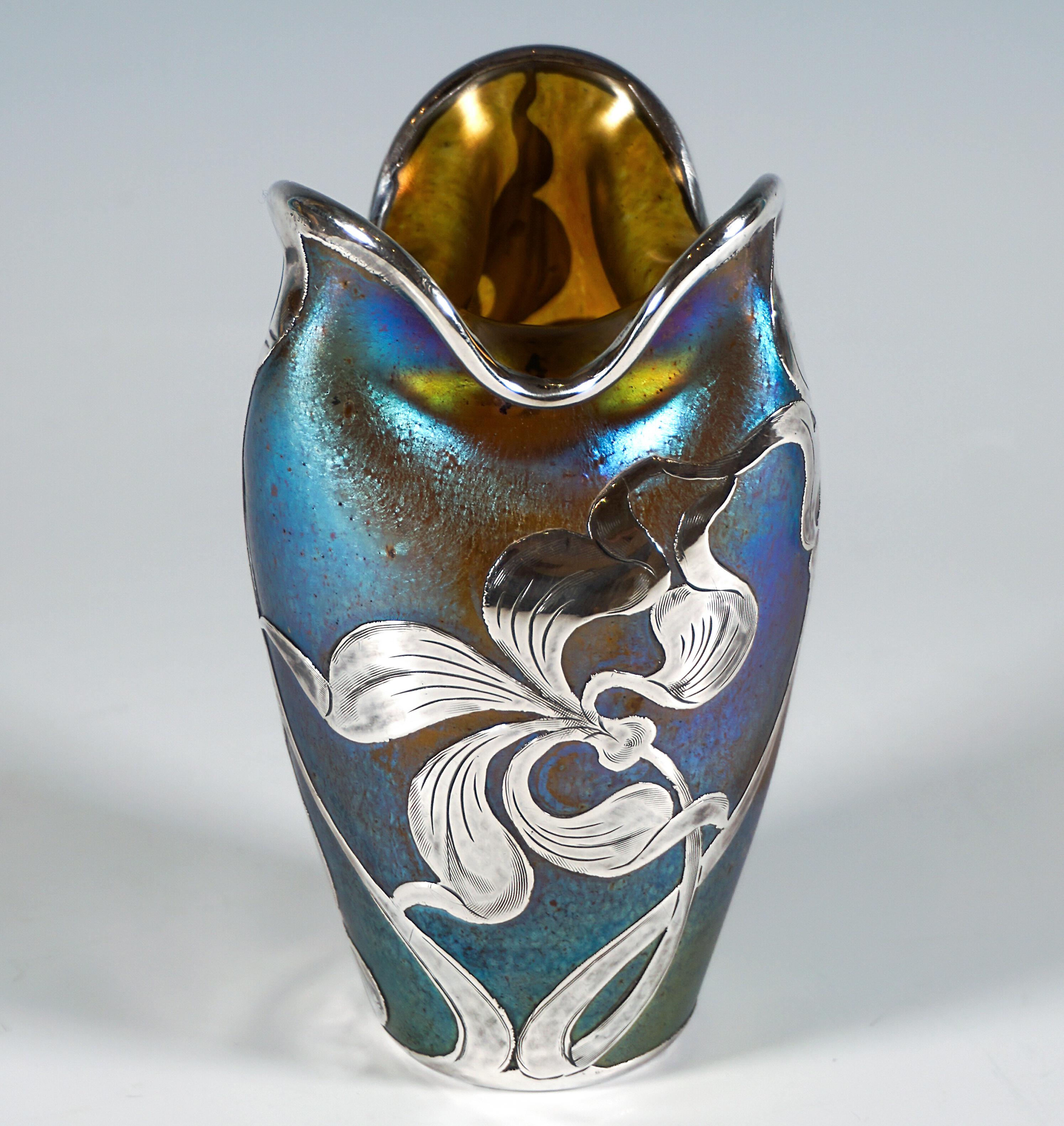 Early 20th Century Loetz Art Nouveau Vase Decor Silberiris, Silver Overlay, Austria-Hungary, 1902