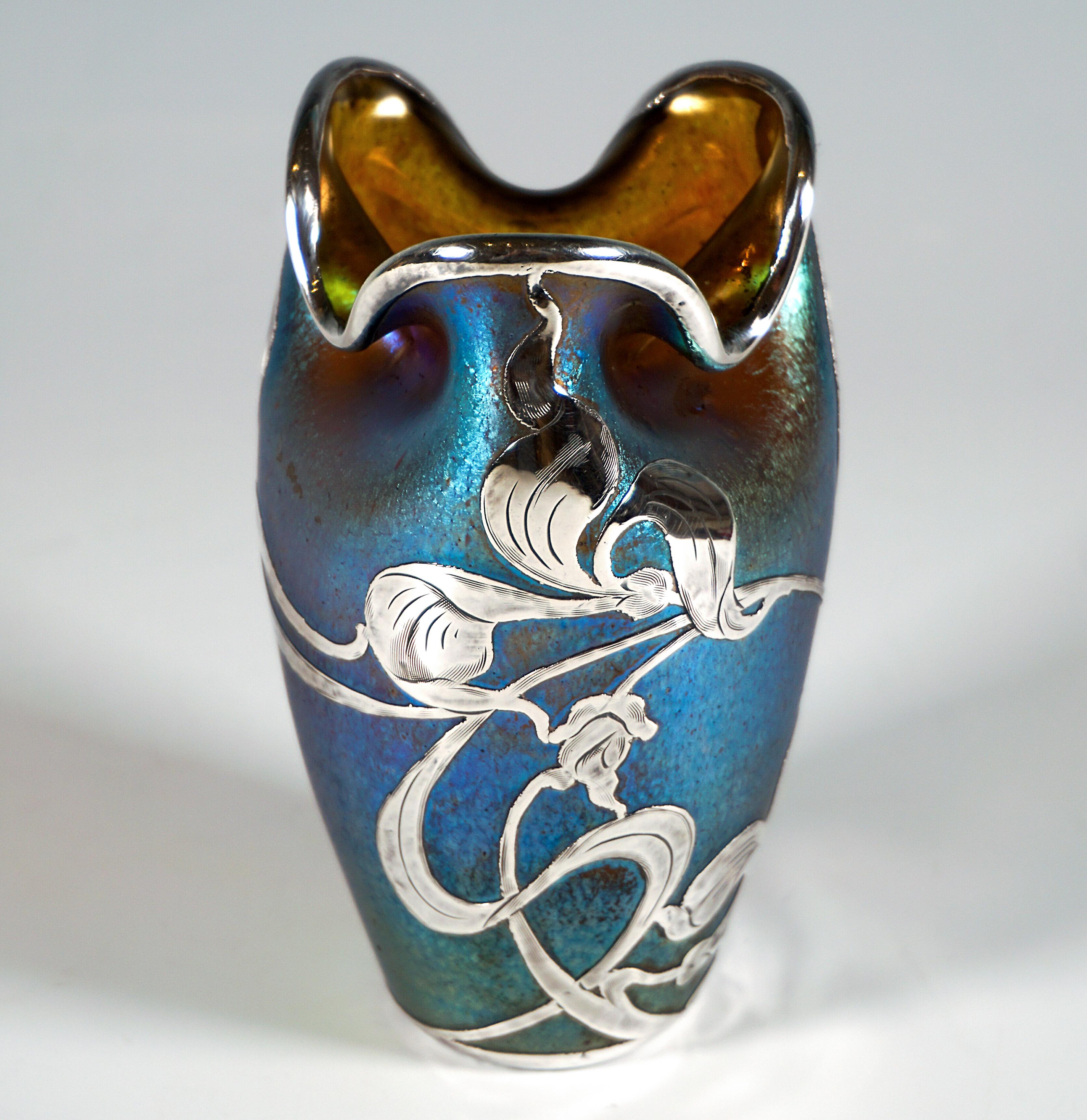 Glass Loetz Art Nouveau Vase Decor Silberiris, Silver Overlay, Austria-Hungary, 1902