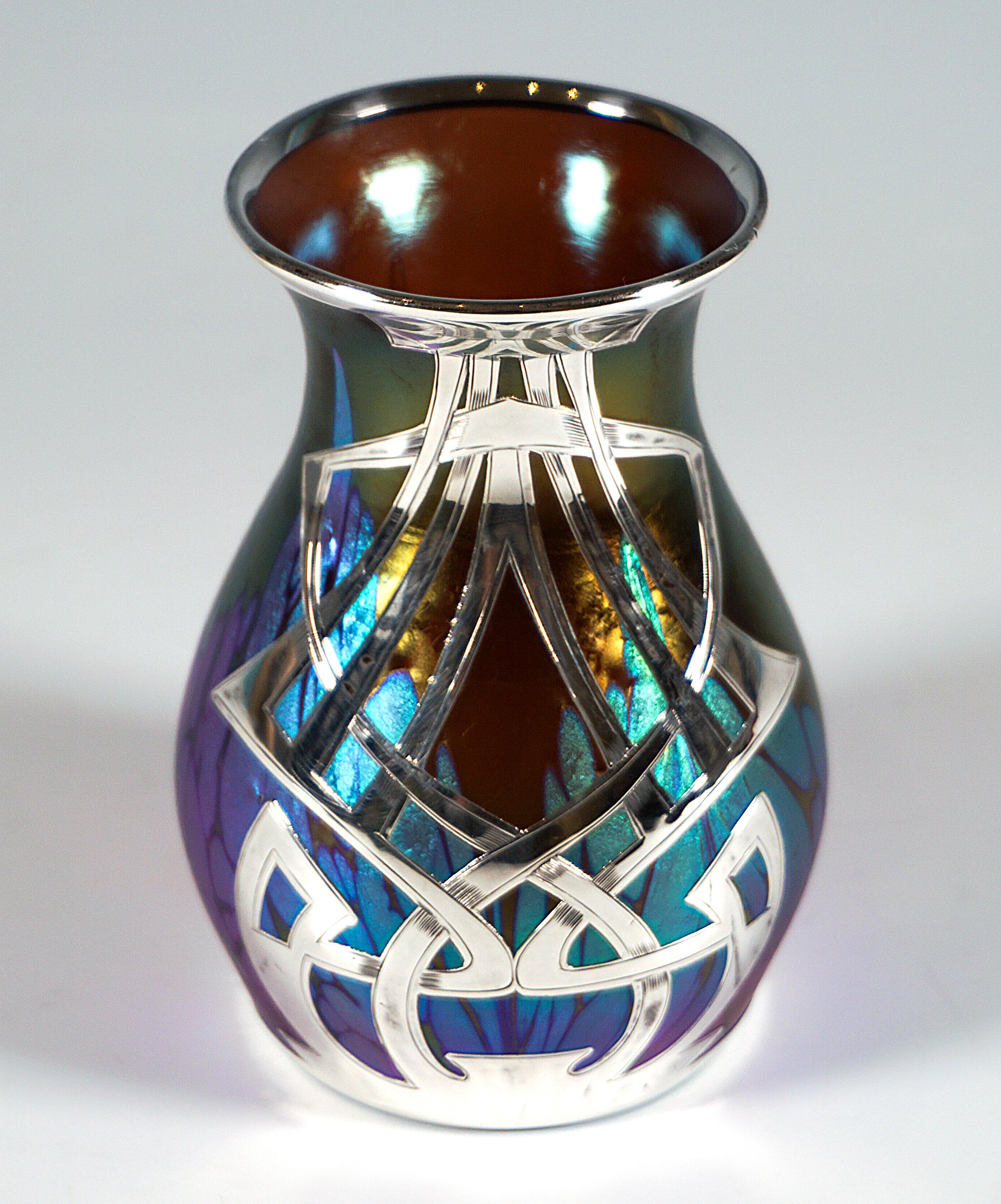 Hand-Crafted Loetz Art Nouveau Vase Maron Medici With Silver Overlay, Austria-Hungary, 1902