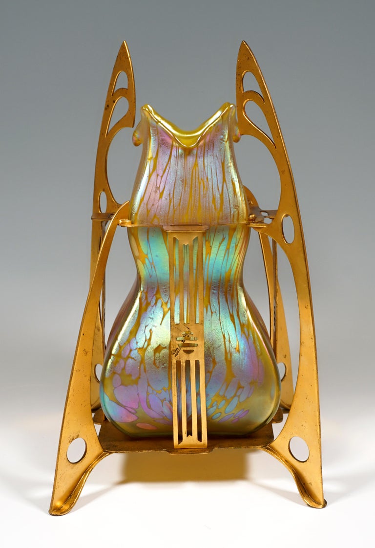 Austrian Loetz Art Nouveau Vase Metallic Yellow Medici In Metal Mount, Austria ca 1902 For Sale