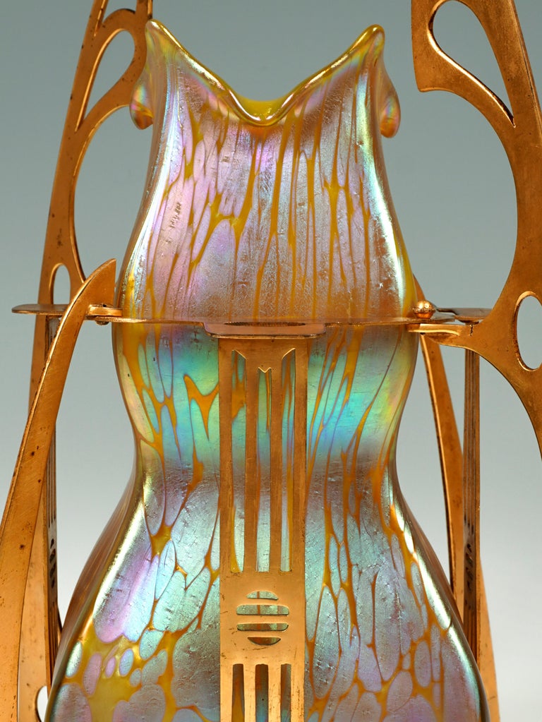 Hand-Crafted Loetz Art Nouveau Vase Metallic Yellow Medici In Metal Mount, Austria ca 1902 For Sale