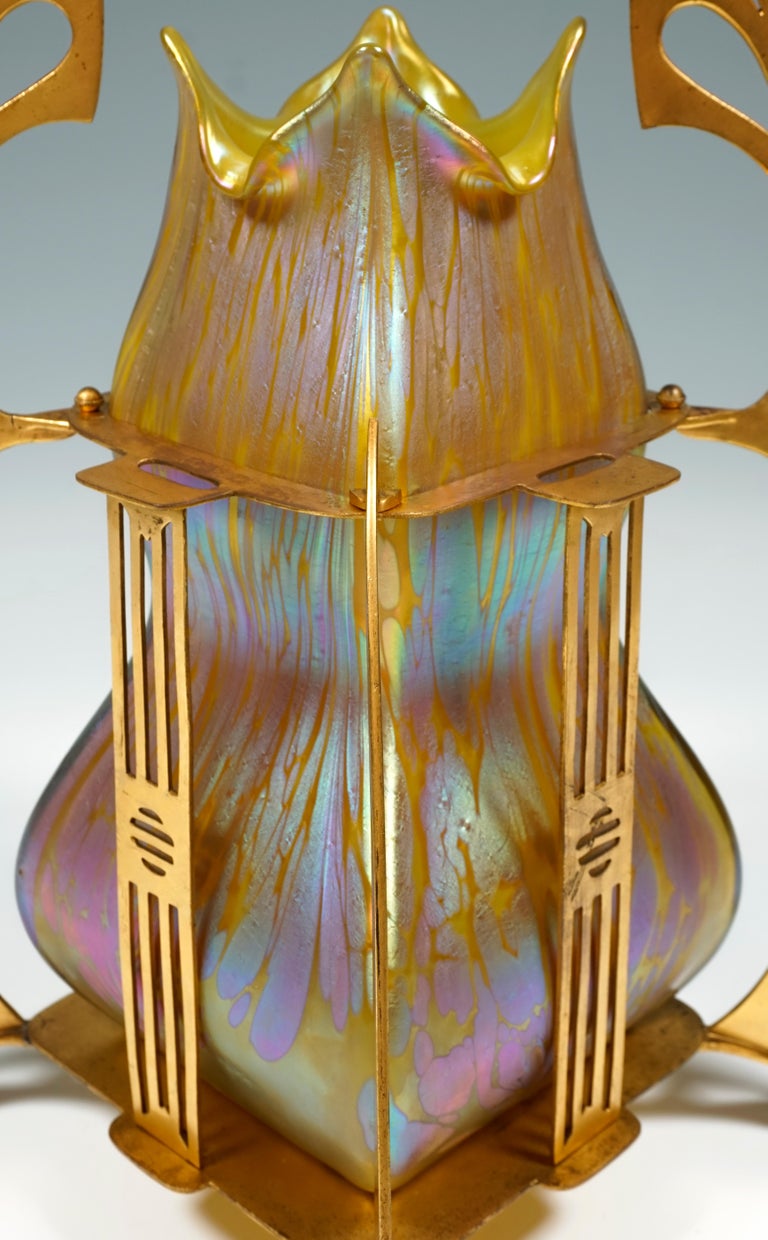 Early 20th Century Loetz Art Nouveau Vase Metallic Yellow Medici In Metal Mount, Austria ca 1902 For Sale