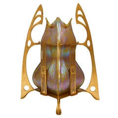 Loetz Art Nouveau Vase Metallic Yellow Medici In Metal Mount, Austria ca 1902
