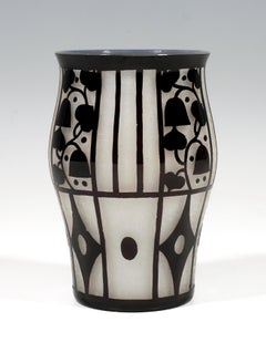Loetz Art Nouveau Vase Opal with Black Etched Decor, J. Hoffmann, Austria, 1912