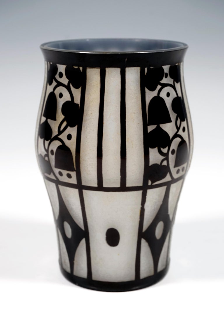 Hand-Crafted Loetz Art Nouveau Vase Opal with Black Etched Decor, J. Hoffmann, Austria, 1912 For Sale