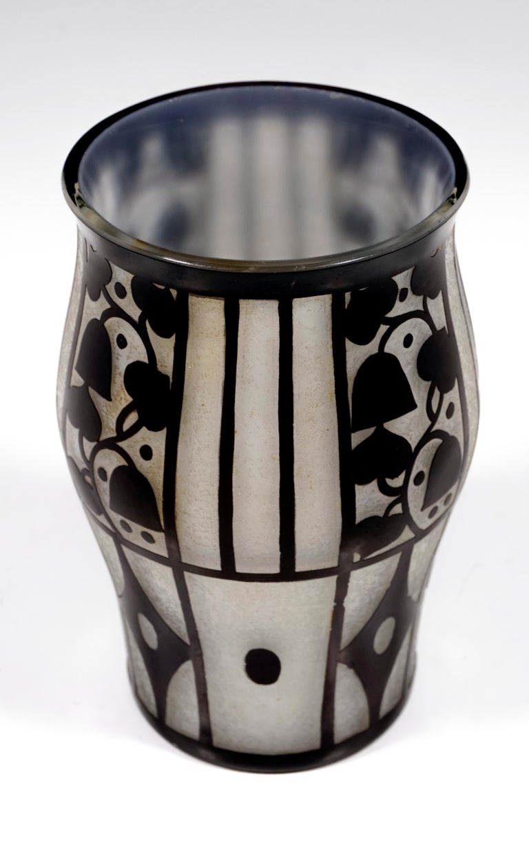 Early 20th Century Loetz Art Nouveau Vase Opal with Black Etched Decor, J. Hoffmann, Austria, 1912 For Sale