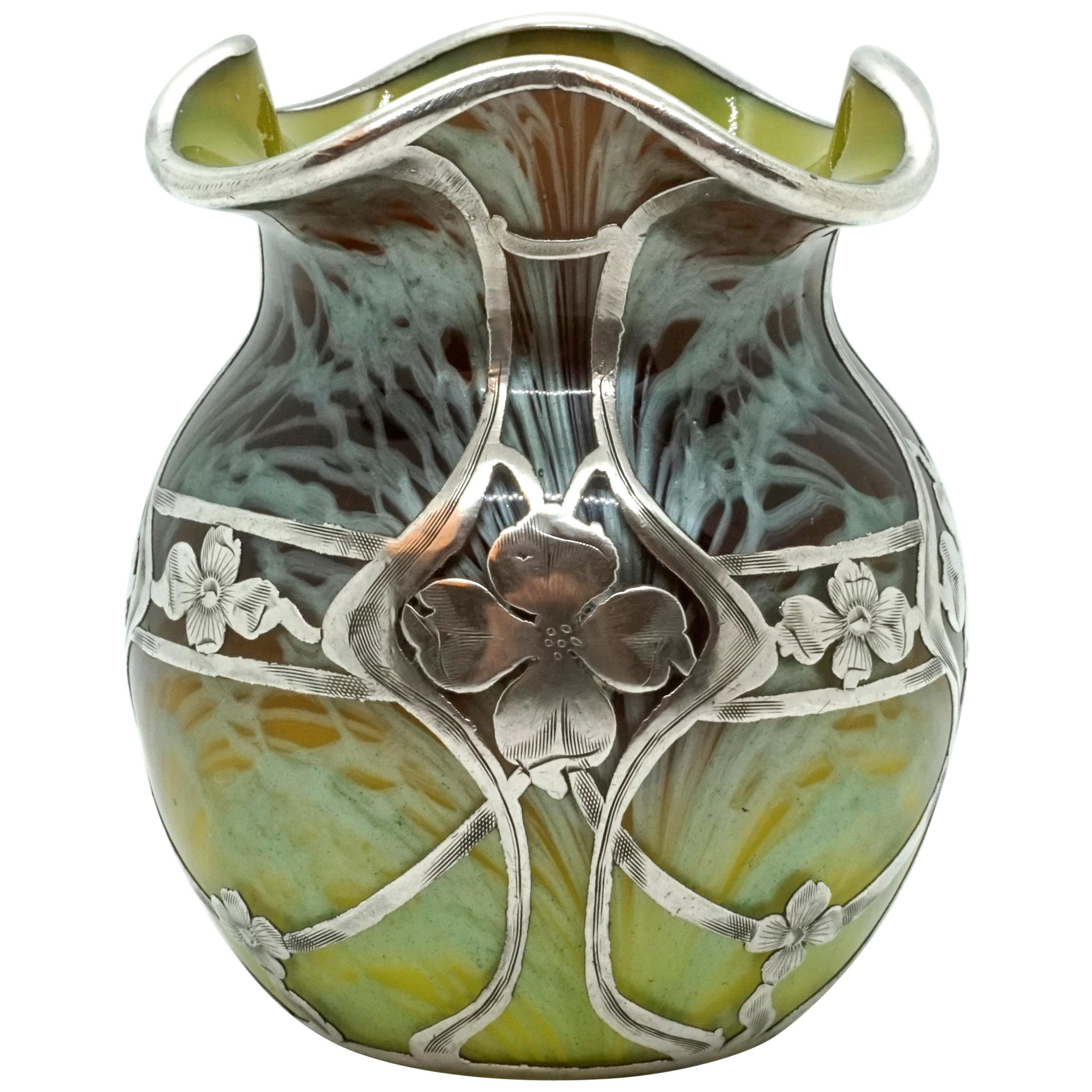Loetz Art Nouveau Vase Phenomenon Carrageen with Silver Overlay, 1905