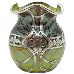 Antique Loetz Art Nouveau Vase Phenomenon Carrageen with Silver Overlay, 1905