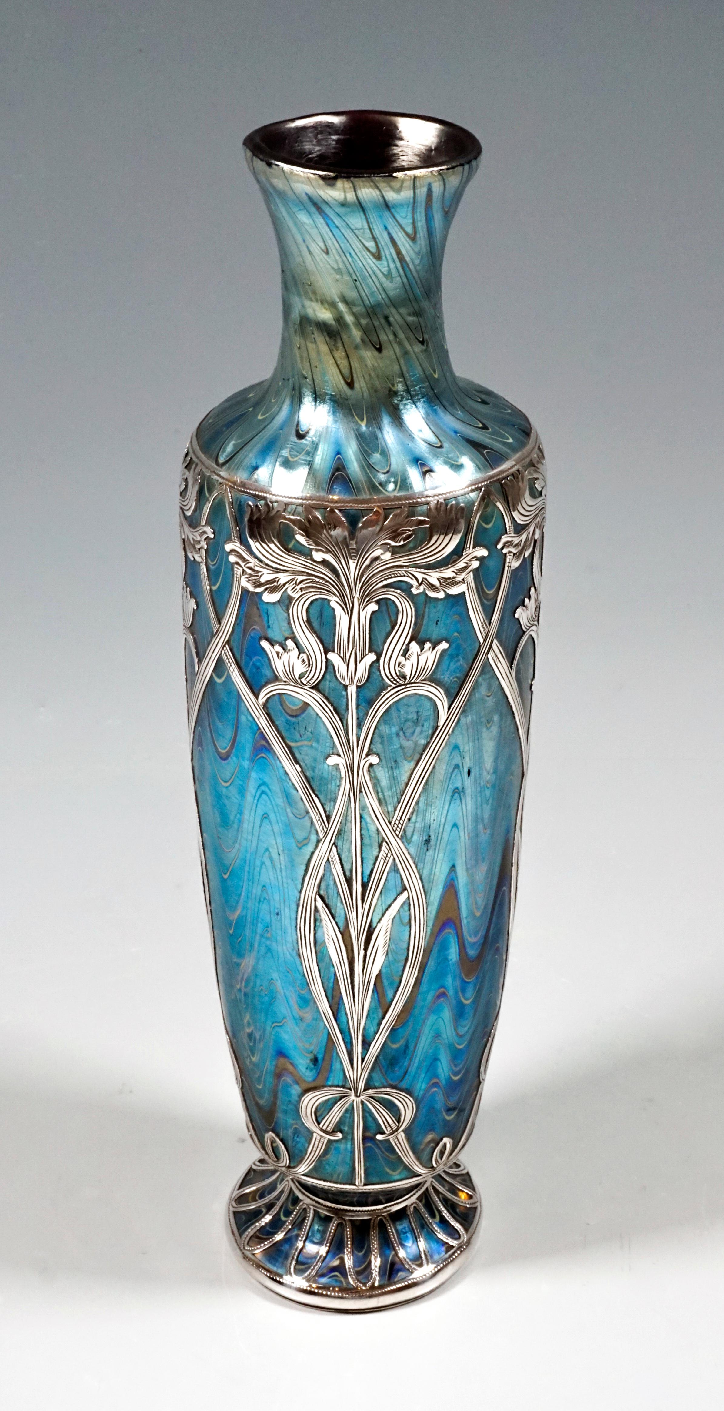 Austrian Loetz Art Nouveau Vase Phenomenon Genre Ruby 6893 with Silver Overlay circa 1899