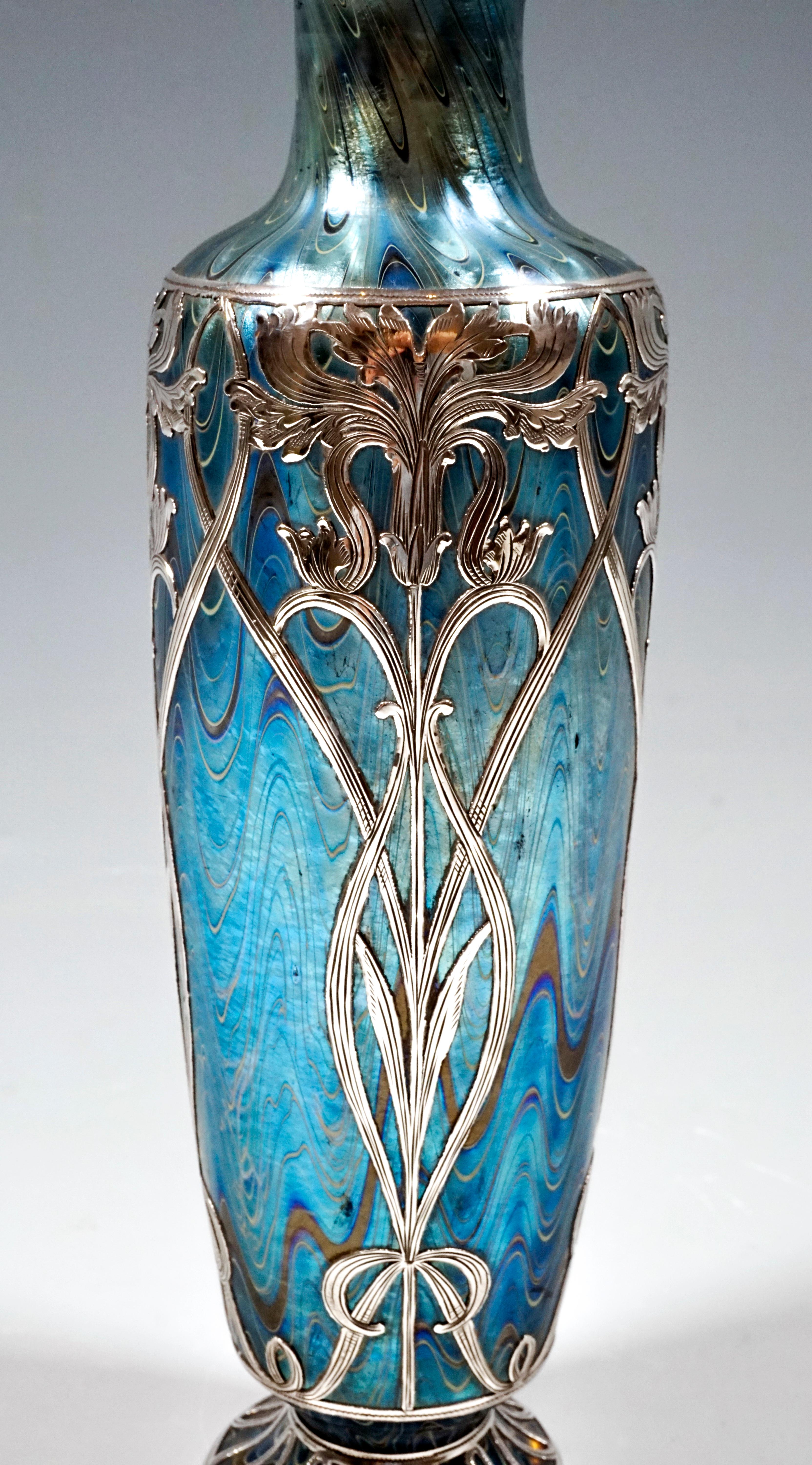 Hand-Crafted Loetz Art Nouveau Vase Phenomenon Genre Ruby 6893 with Silver Overlay circa 1899