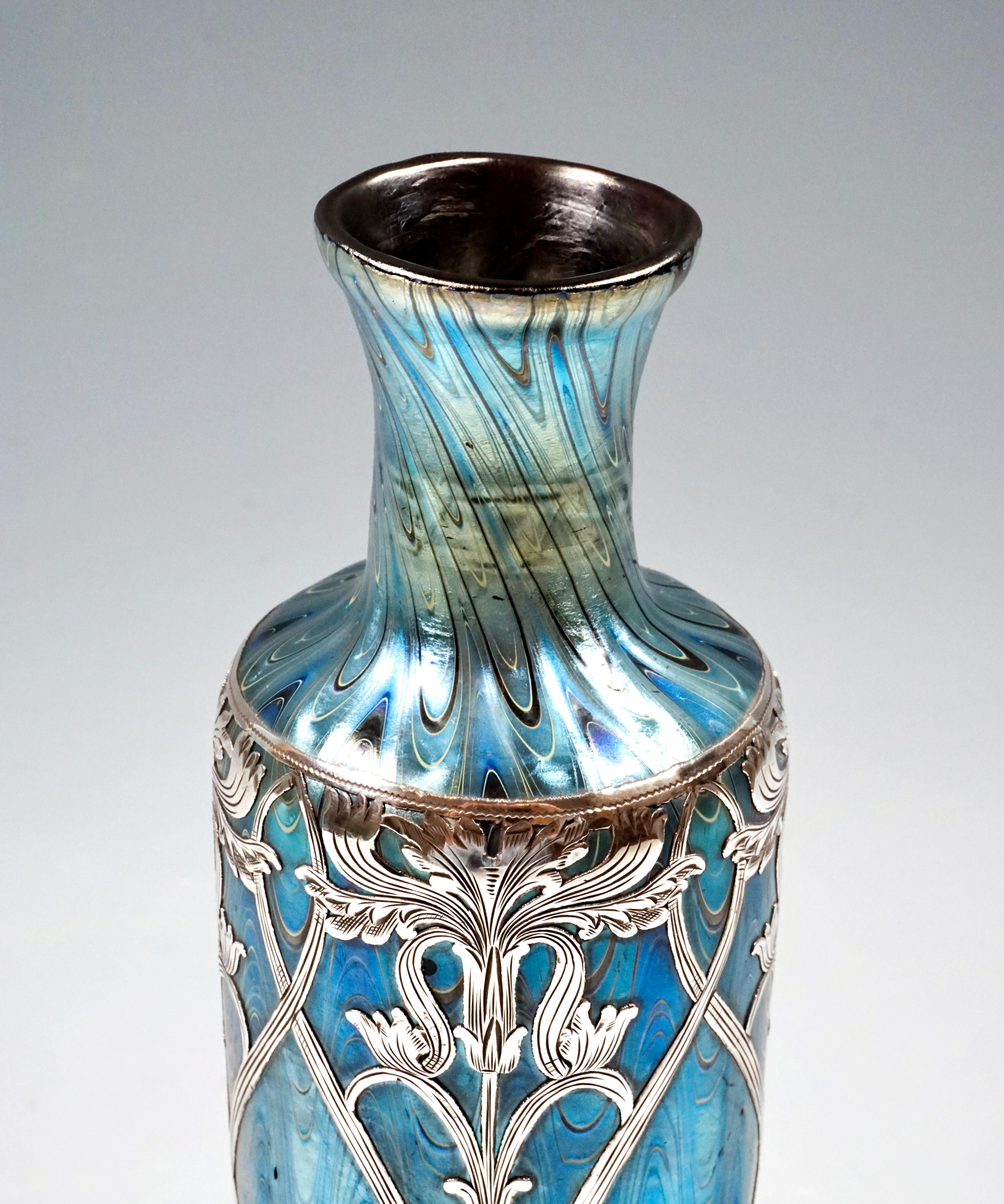 Loetz Art Nouveau Vase Phenomenon Genre Ruby 6893 with Silver Overlay circa 1899 In Good Condition In Vienna, AT