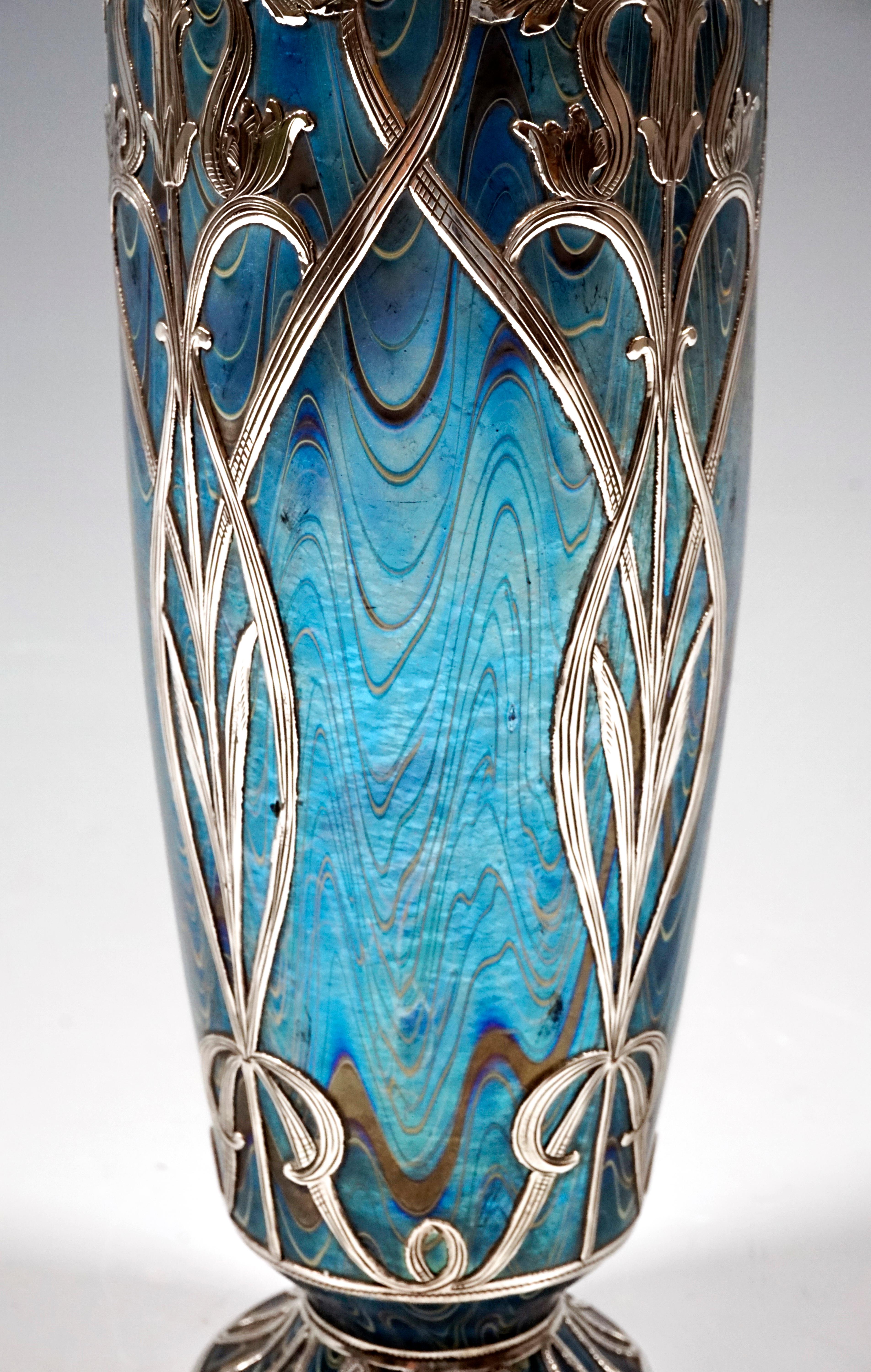 Early 20th Century Loetz Art Nouveau Vase Phenomenon Genre Ruby 6893 with Silver Overlay circa 1899