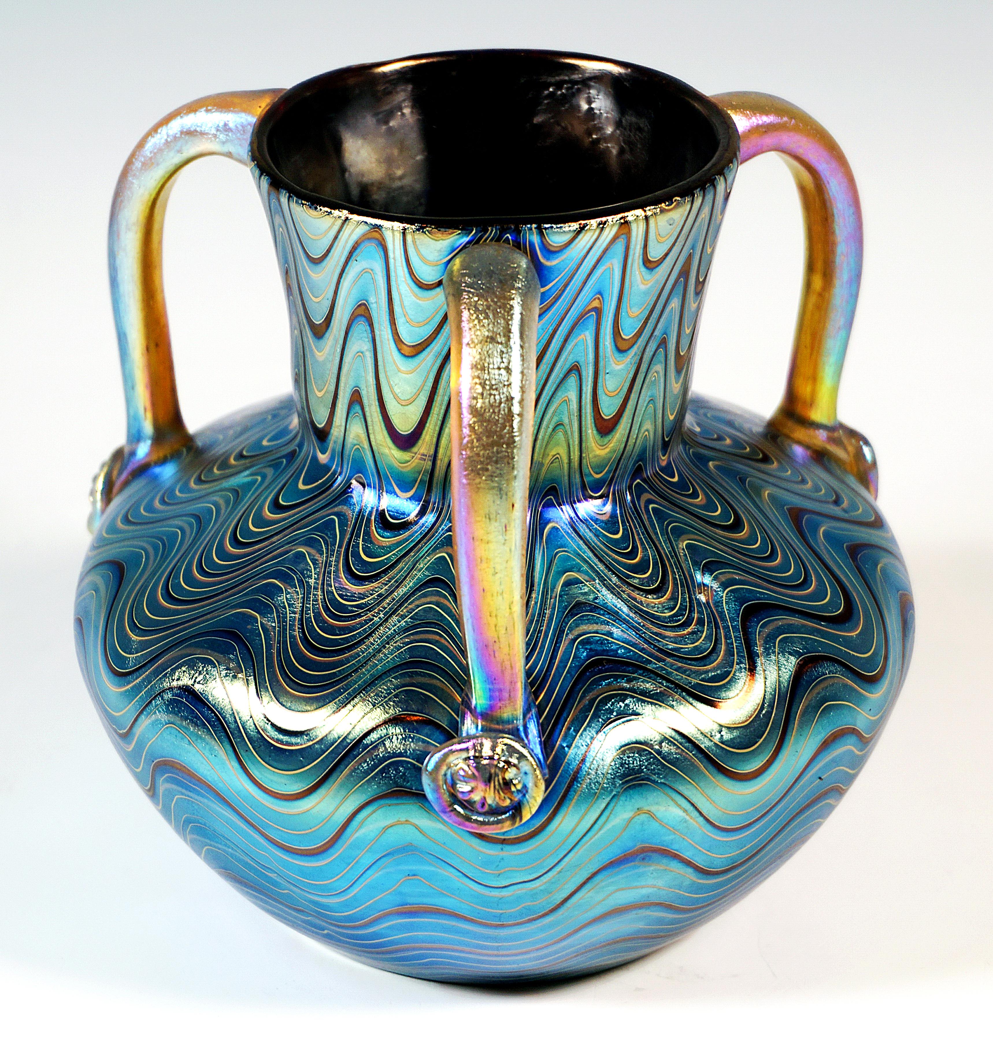Austrian Loetz Art Nouveau Vase Phenomenon Genre Ruby 6893 With Three Handles, circa 1900 For Sale