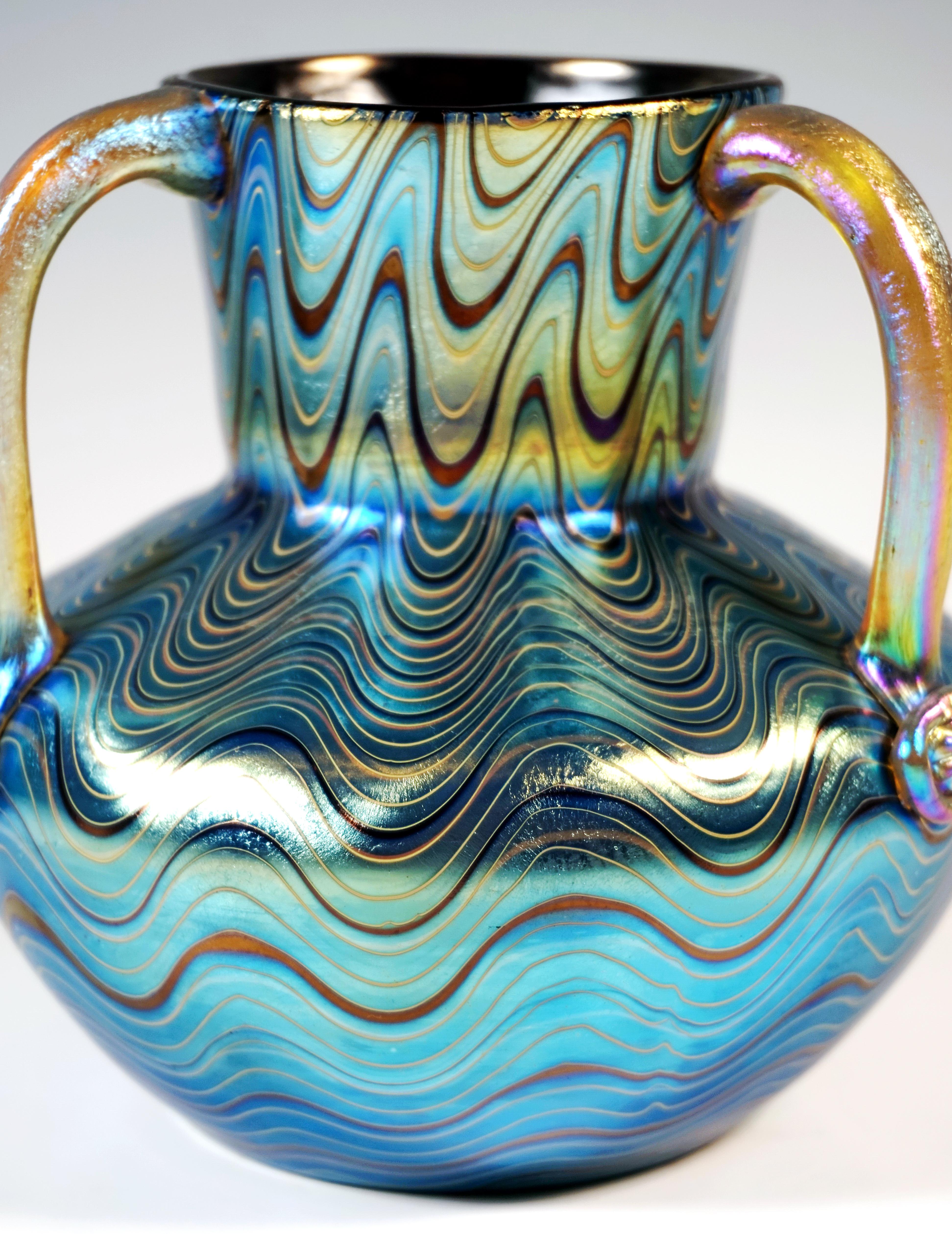 Loetz Art Nouveau Vase Phenomenon Genre Ruby 6893 With Three Handles, circa 1900 In Good Condition For Sale In Vienna, AT