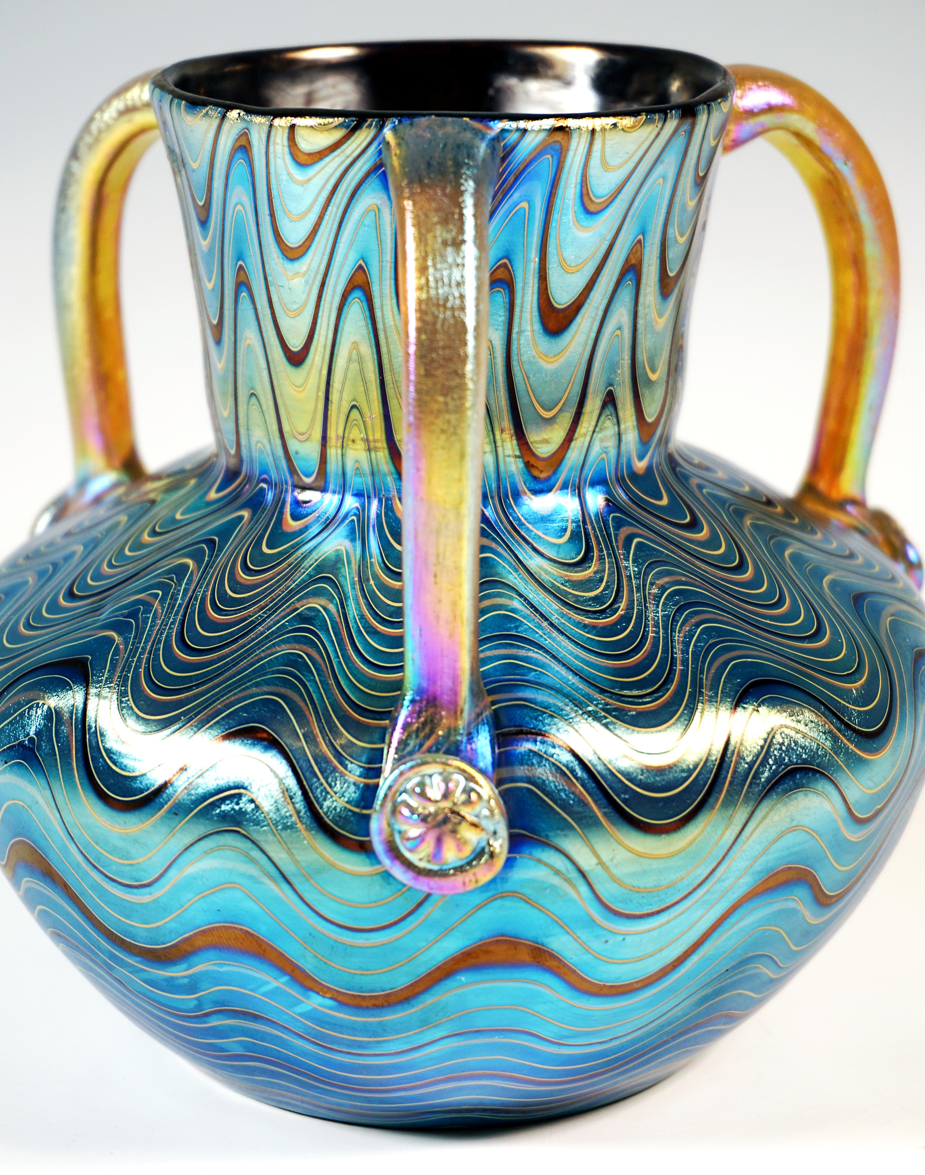 Early 20th Century Loetz Art Nouveau Vase Phenomenon Genre Ruby 6893 With Three Handles, circa 1900 For Sale