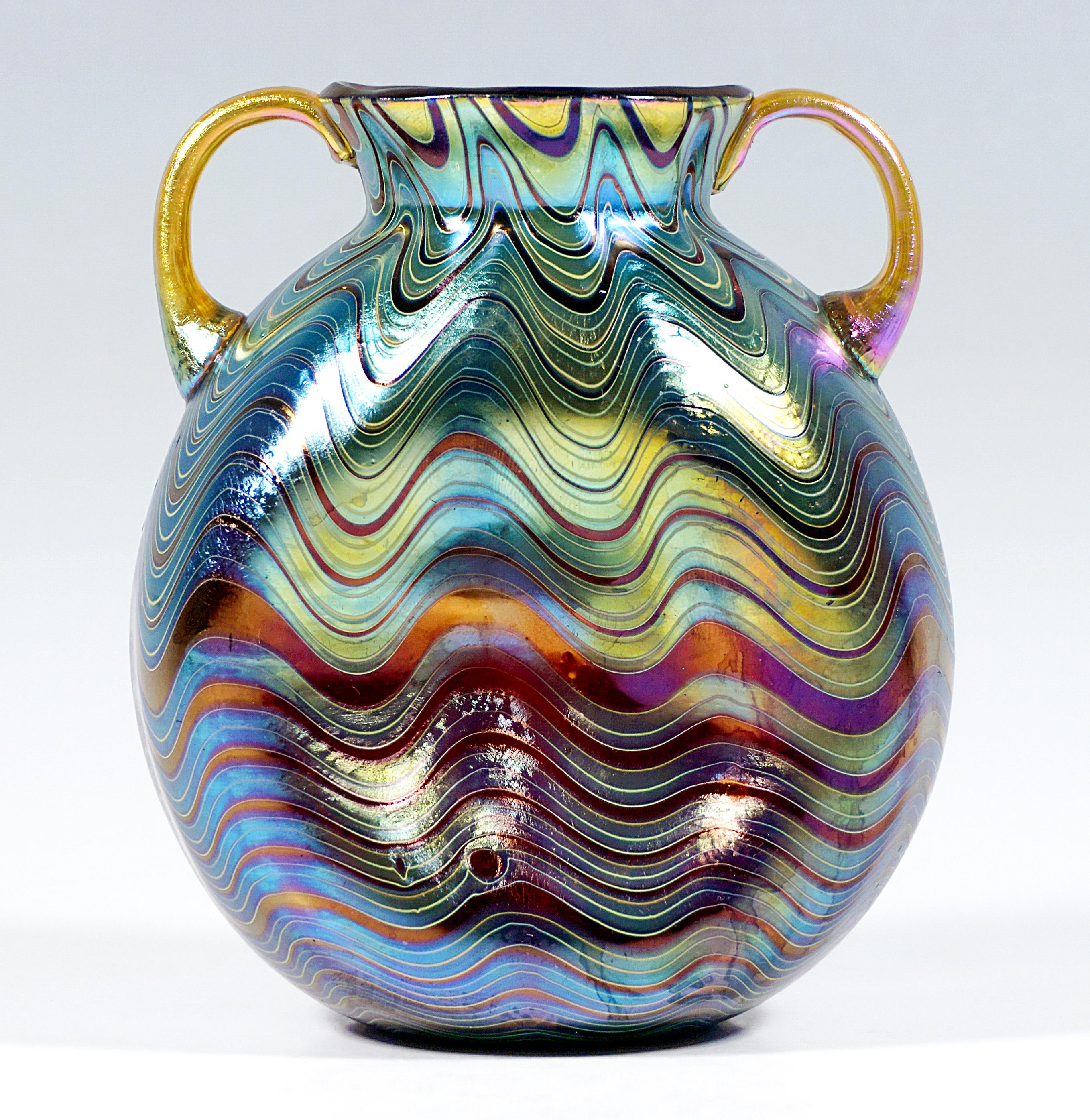 Austrian Loetz Art Nouveau Vase Phenomenon Genre Ruby 6893 With Two Handles, circa 1899 For Sale