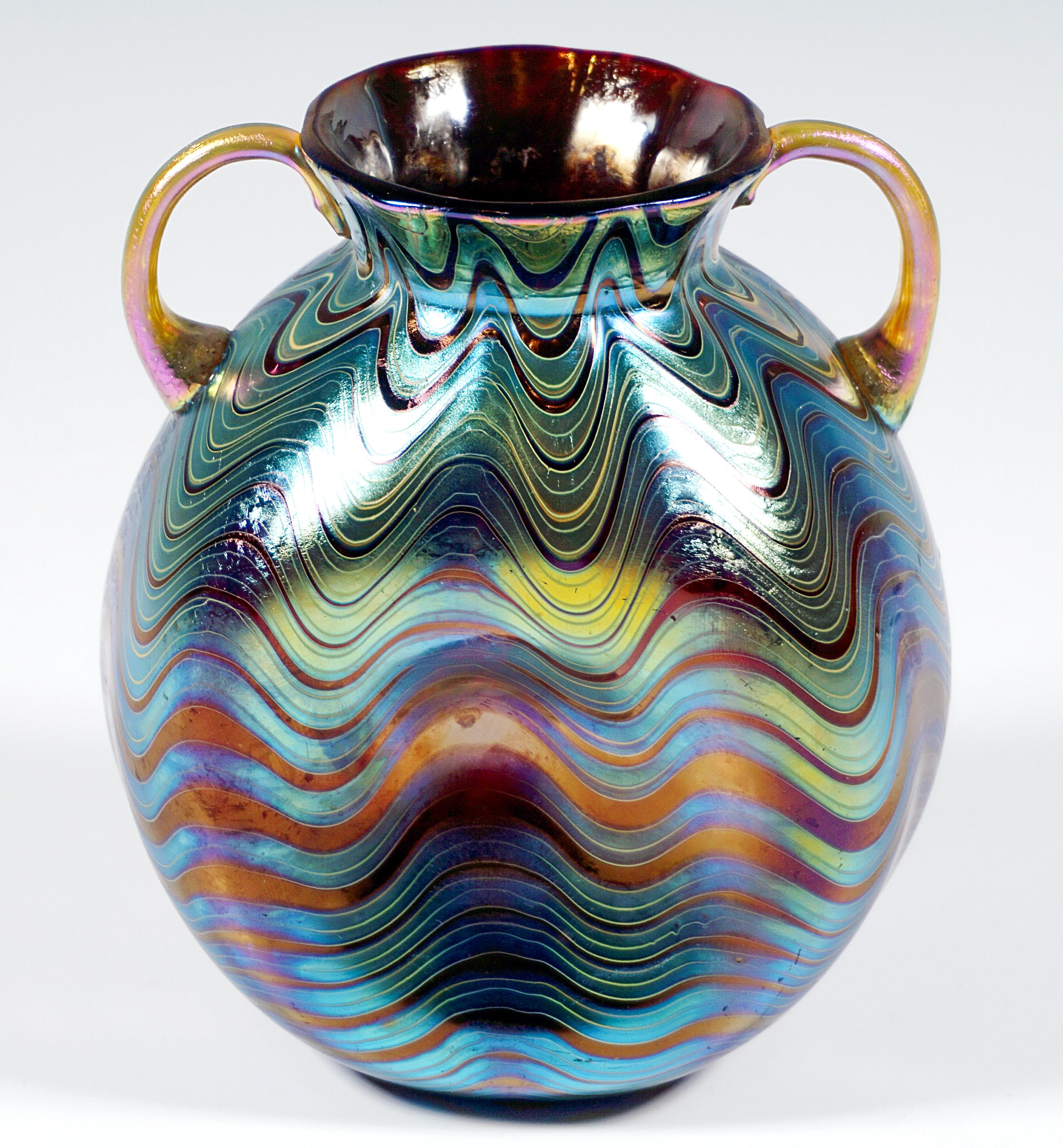 Loetz Art Nouveau Vase Phenomenon Genre Ruby 6893 With Two Handles, circa 1899 In Good Condition For Sale In Vienna, AT