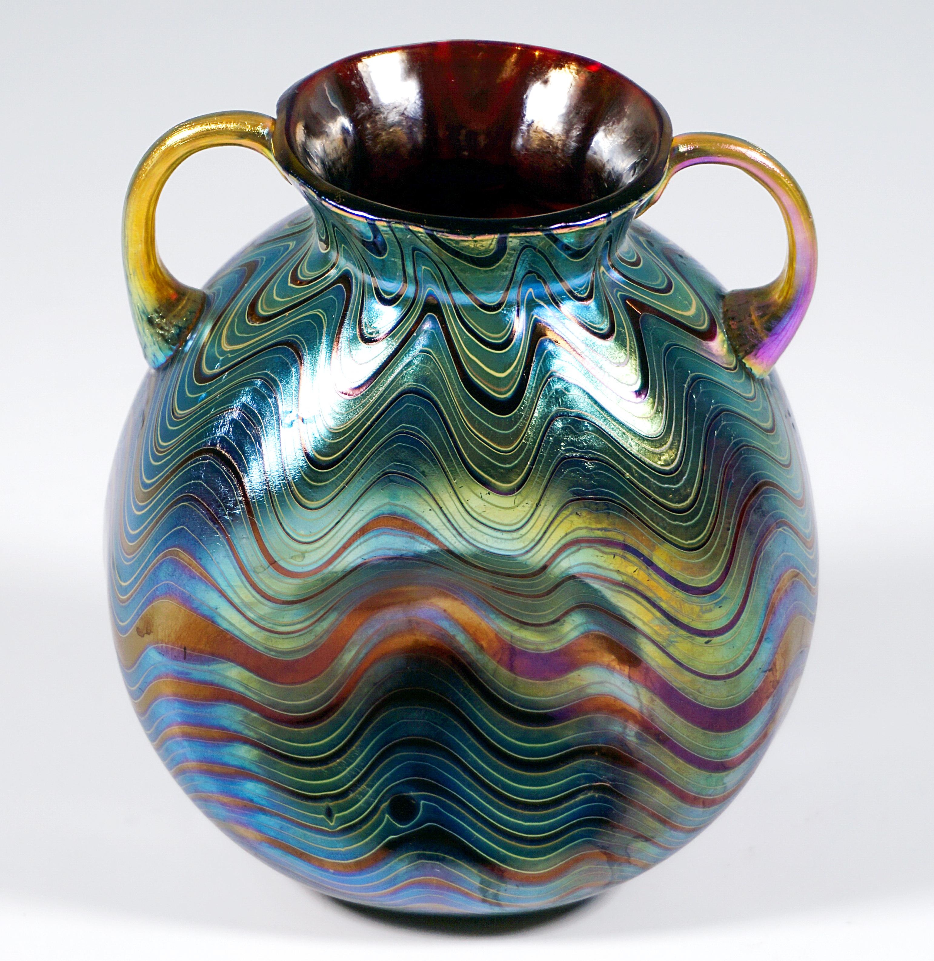 Late 19th Century Loetz Art Nouveau Vase Phenomenon Genre Ruby 6893 With Two Handles, circa 1899 For Sale