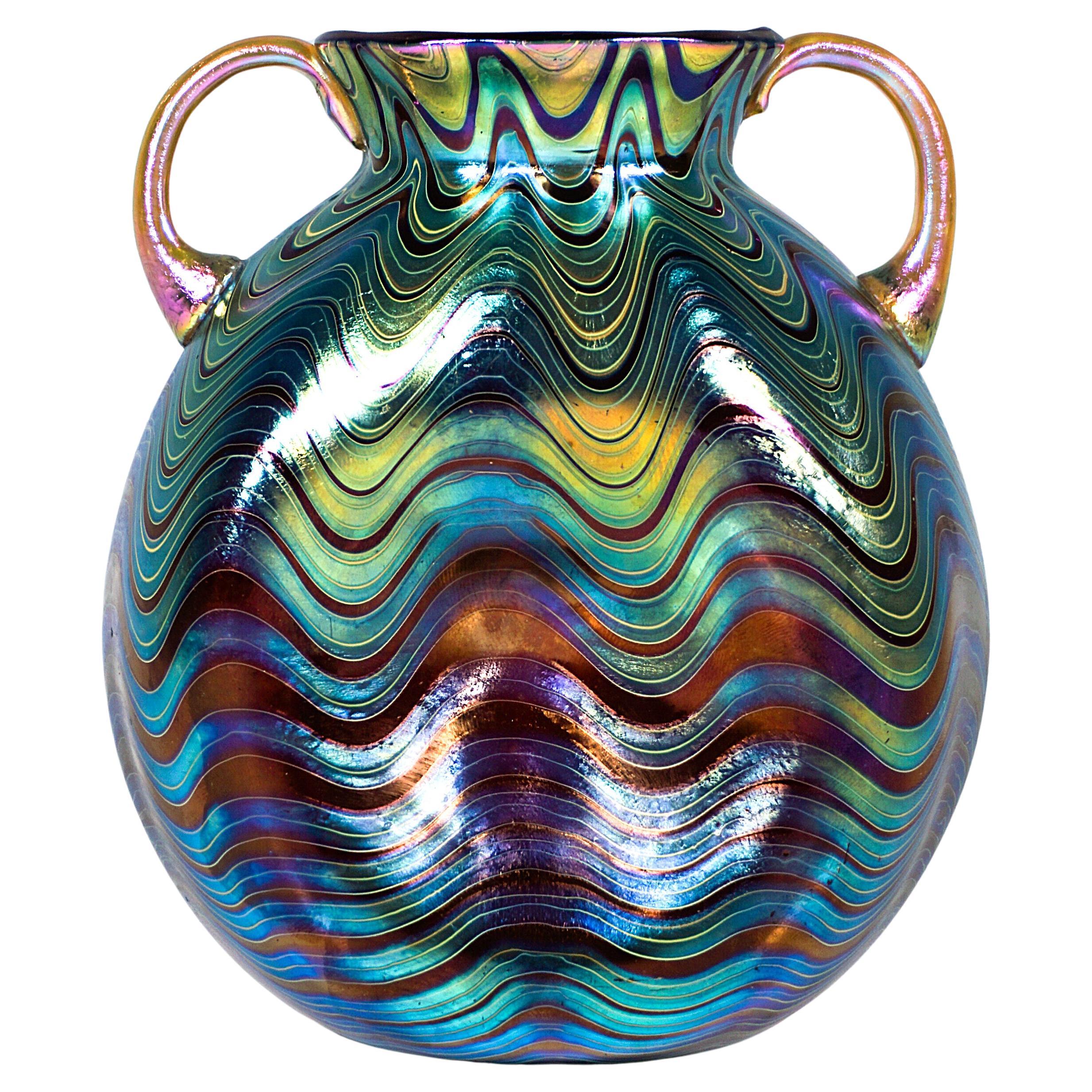 Loetz Art Nouveau Vase Phenomenon Genre Ruby 6893 With Two Handles, circa 1899 For Sale