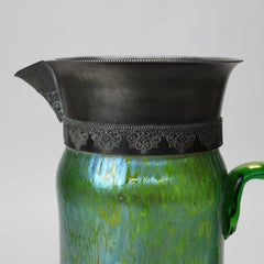 Loetz attr Creta Papillon Green Oil Spot Art Glass & Silver Pitcher c1920