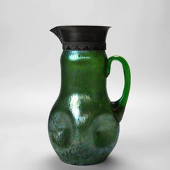 Loetz attr Creta Papillon Green Oil Spot Art Glass & Silver Pitcher c1920