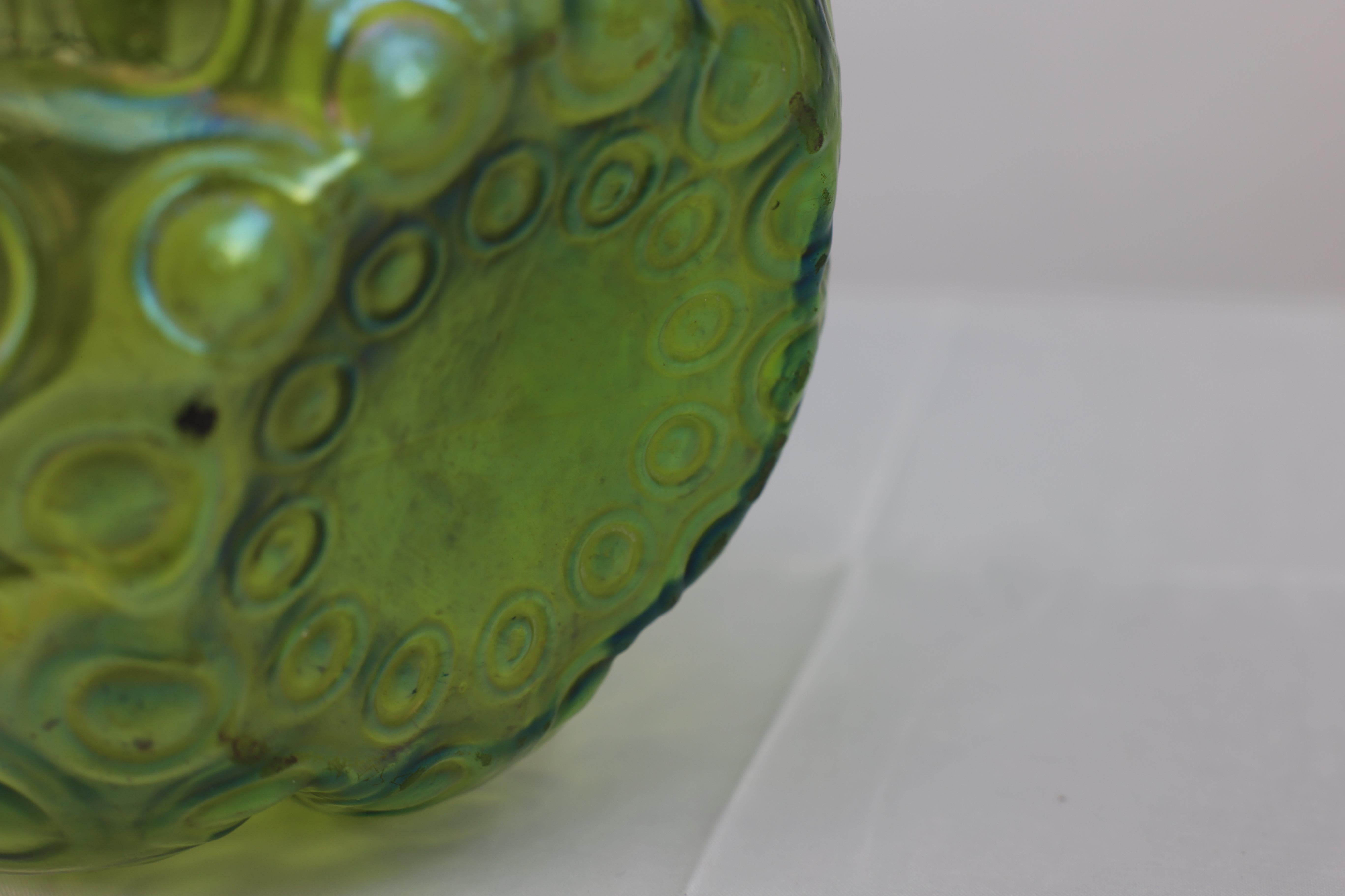 Loetz (attributed). A green swirl glass flower holder with decorative brass top 4