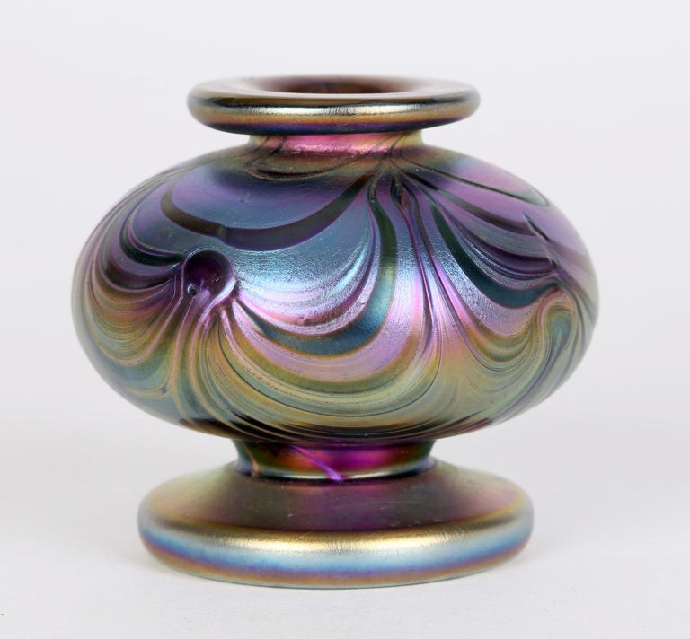 Loetz Attributed Peacock Feather Iridescent Miniature Art Glass Vase In Good Condition For Sale In Bishop's Stortford, Hertfordshire