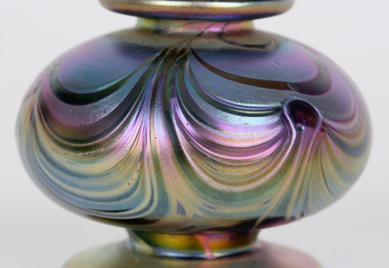 Early 20th Century Loetz Attributed Peacock Feather Iridescent Miniature Art Glass Vase For Sale