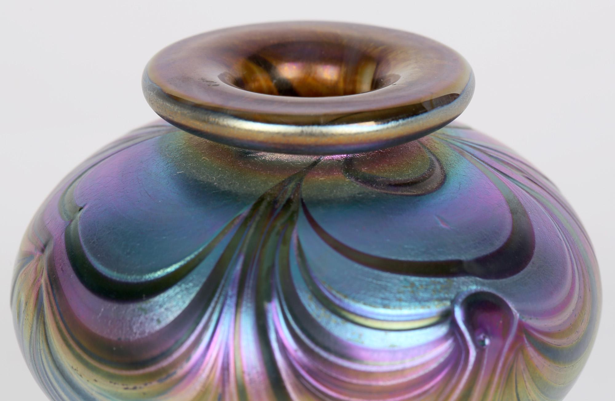 Hand-Crafted Loetz Attributed Peacock Feather Iridescent Miniature Art Glass Vase For Sale