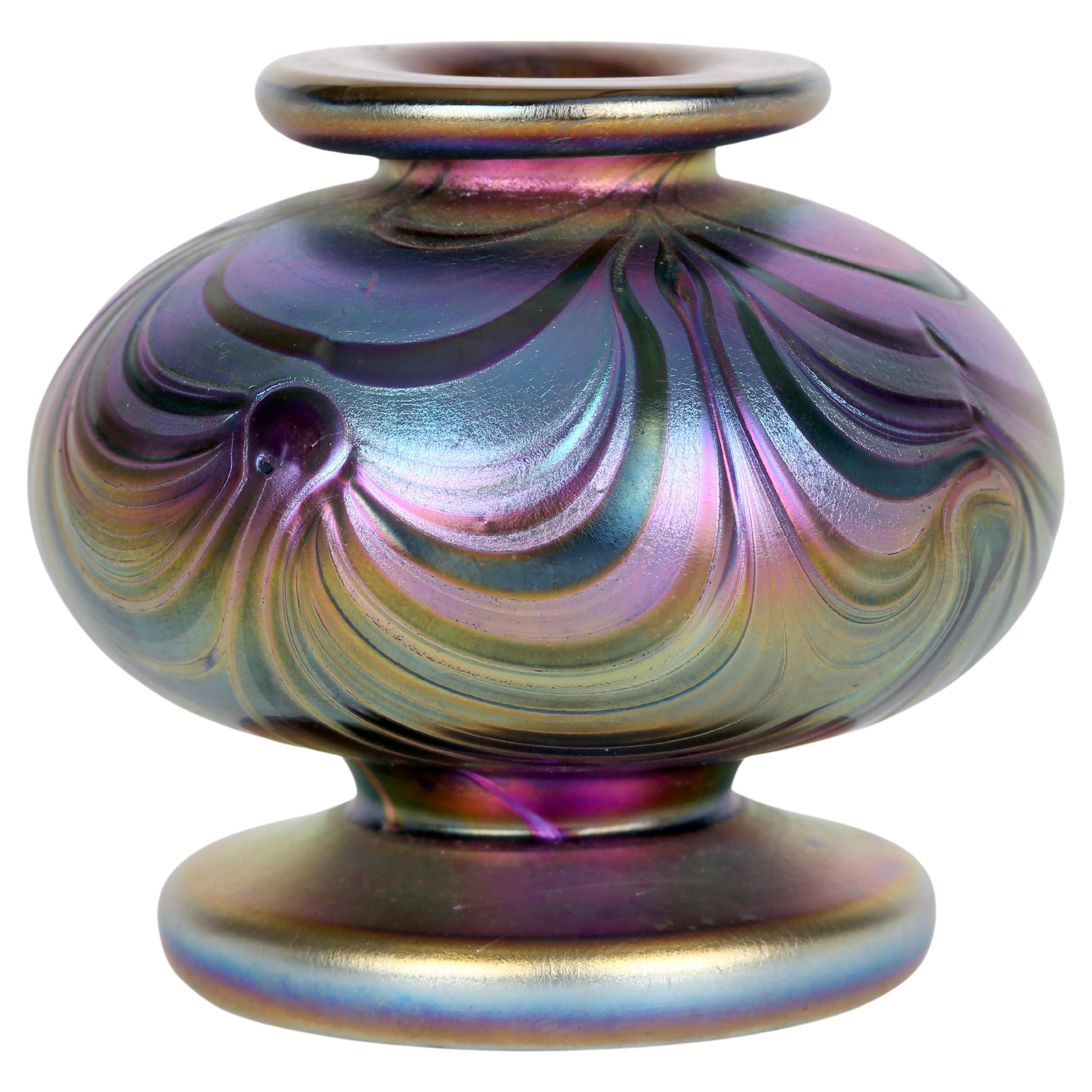 Loetz Attributed Peacock Feather Iridescent Miniature Art Glass Vase For Sale