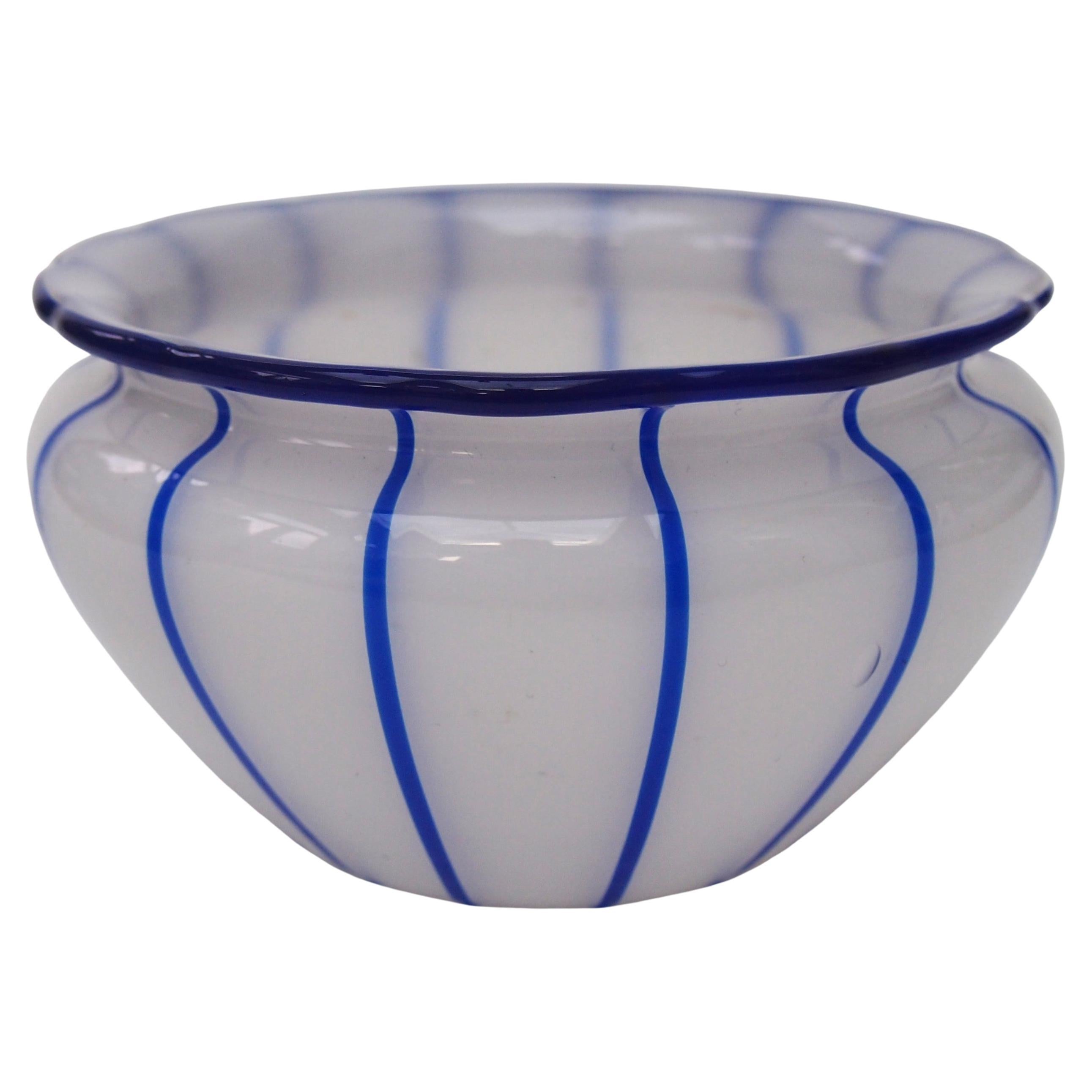 Loetz Ausfuehrungen 157 White with Blue Stripes Glass Bowl Vase c1915