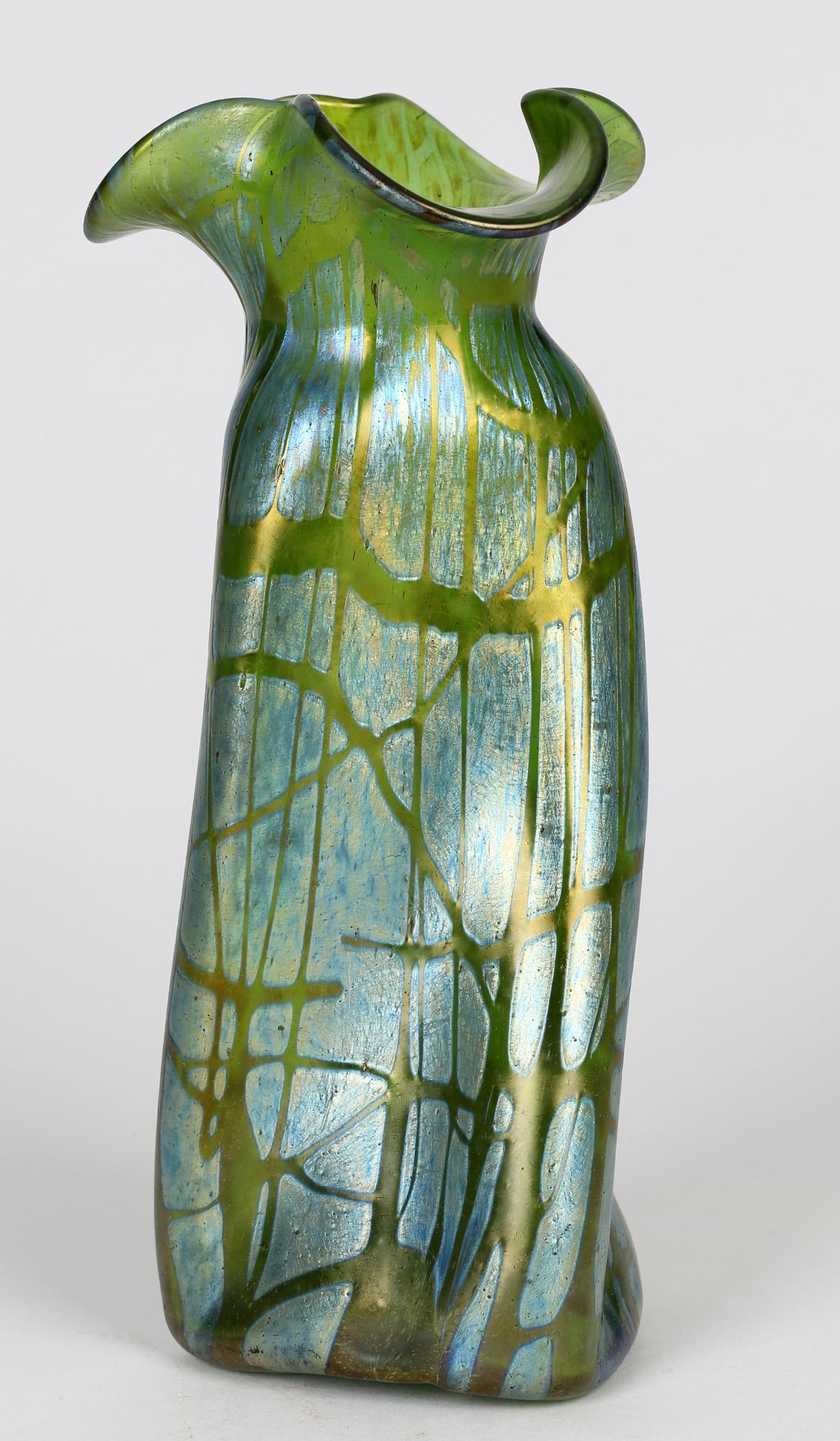Hand-Crafted Loetz Austrian Art Nouveau Large Papillon Iridescent Propeller Shape Glass Vase
