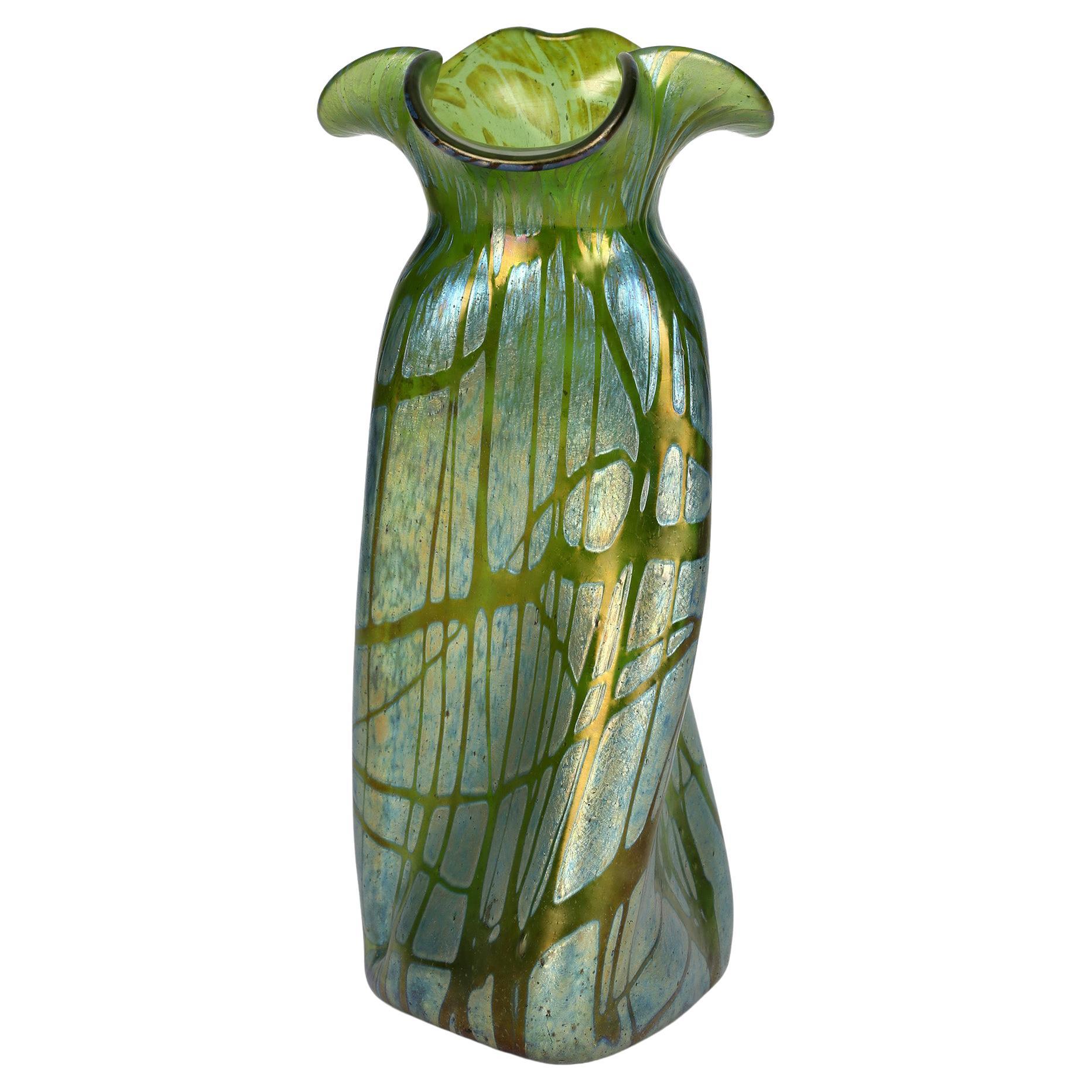 Loetz Austrian Art Nouveau Large Papillon Iridescent Propeller Shape Glass Vase