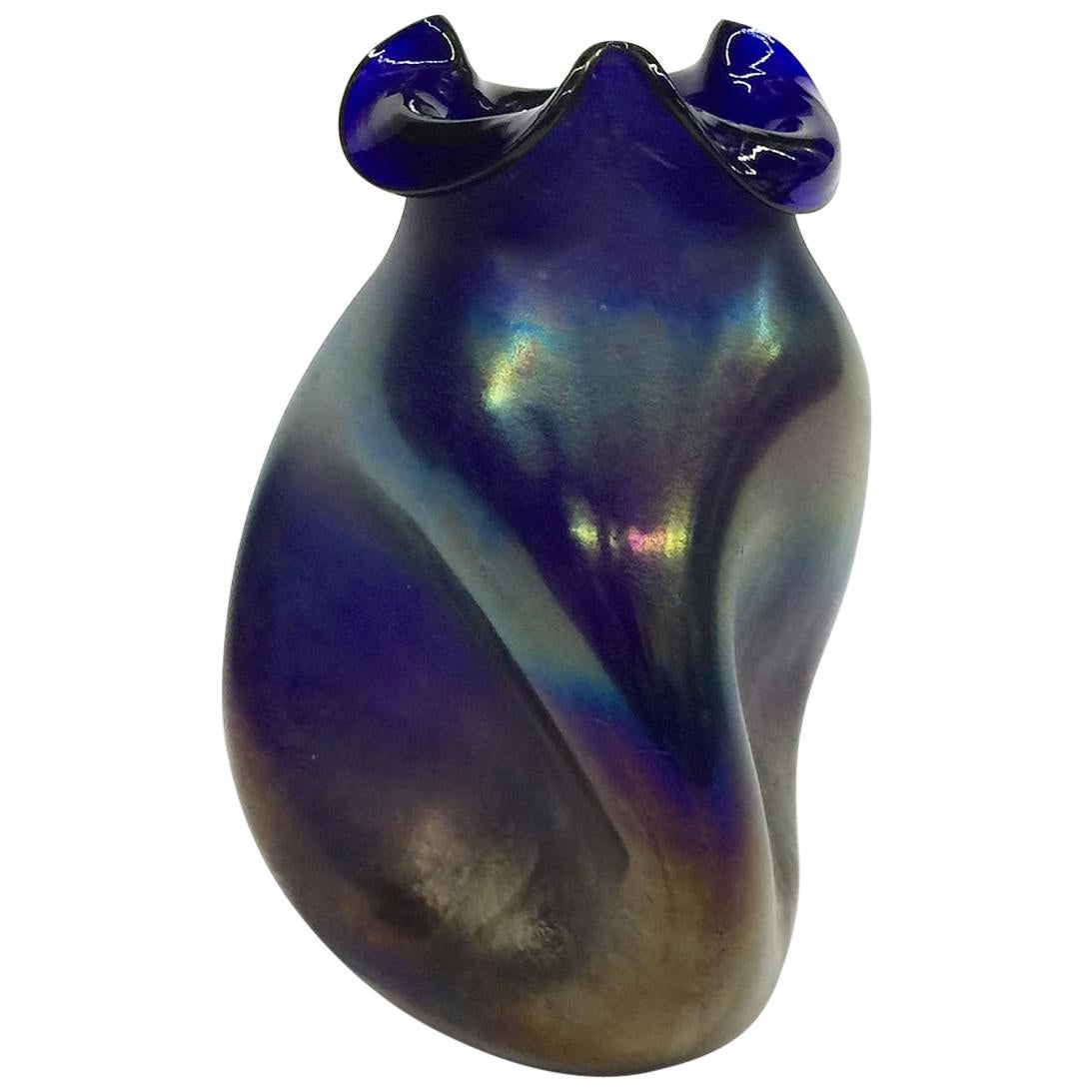 A Bohemian vase, Silberiris decor, Cobalt Iridescent Vase, circa 1900 For Sale