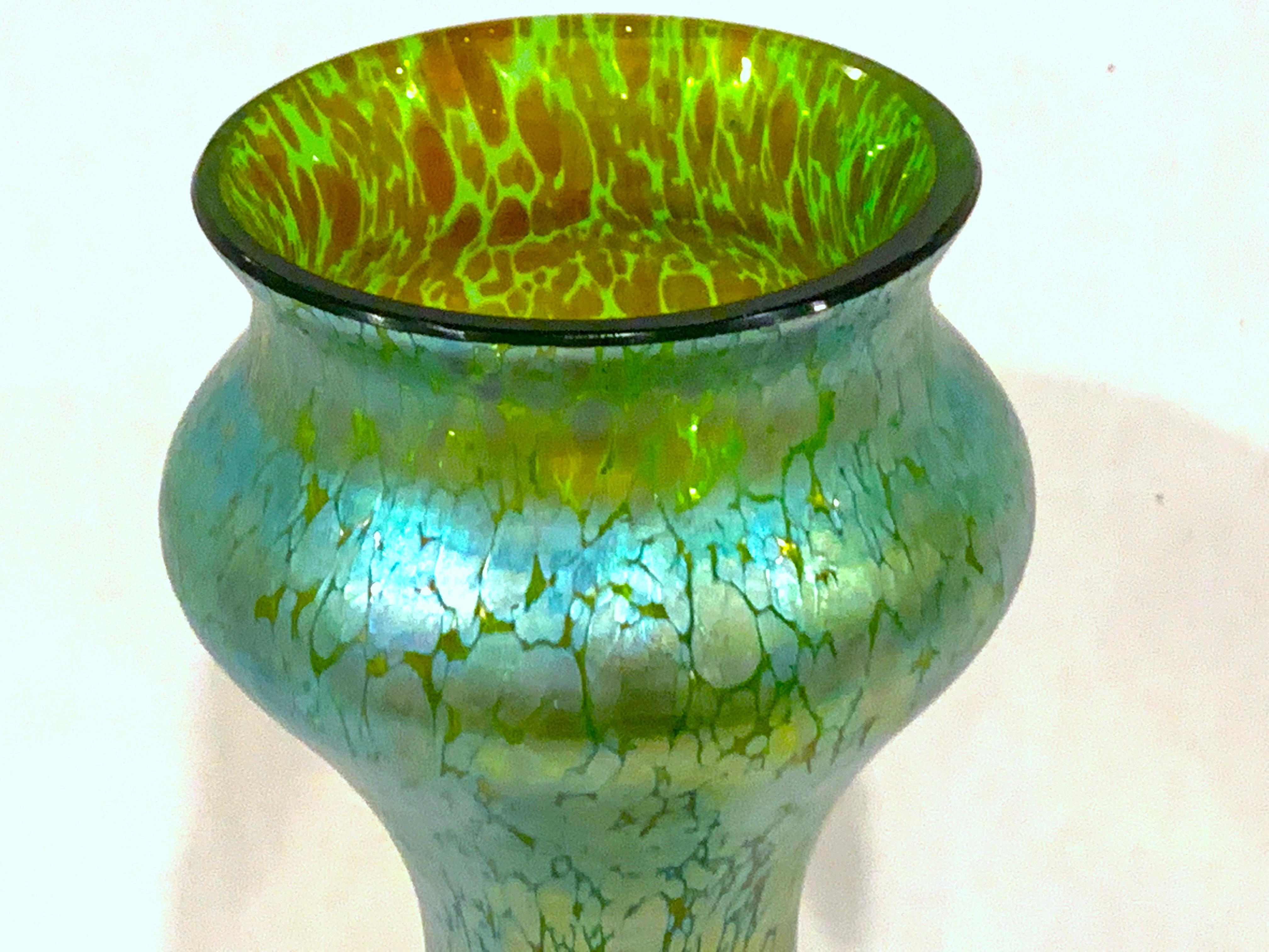 Loetz oil spot vase with blue-green iridescent finish, Unsigned.