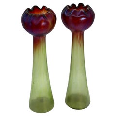 Loetz Bohemian Glass Art Nouveau Tulip Vases Pair Iridescent Green/Red c. 1880s