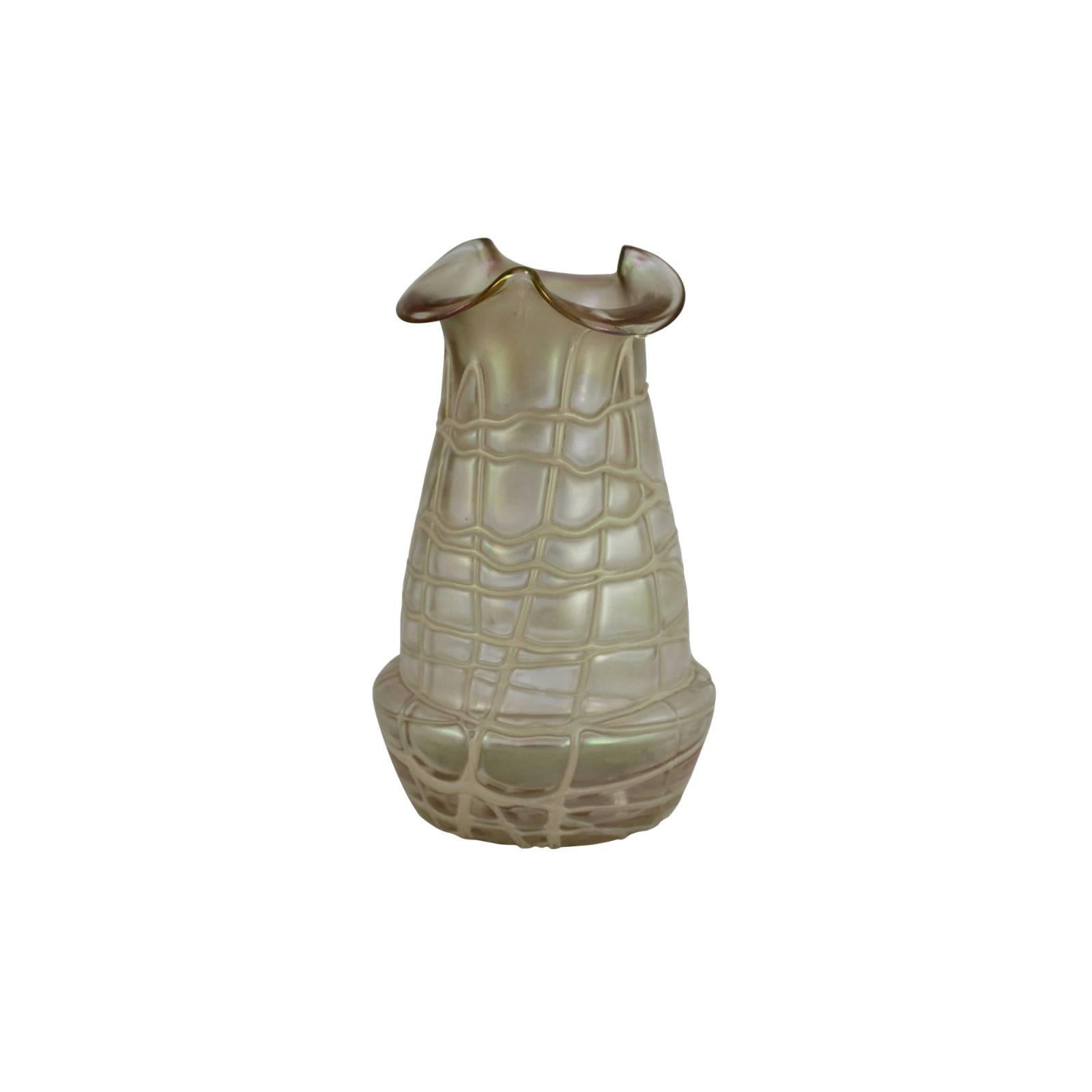 Loetz Bohemian Glass Vase with Stringed Cream Glass Overlay In Excellent Condition For Sale In Brisbane, Queensland