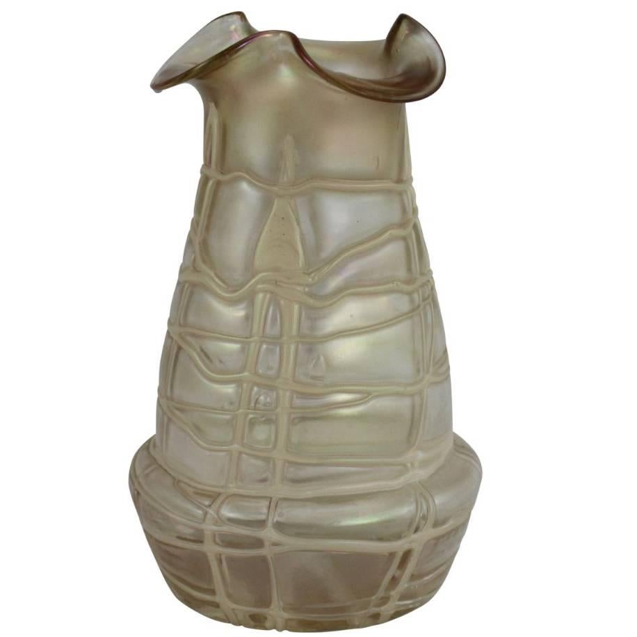 Loetz Bohemian Glass Vase with Stringed Cream Glass Overlay For Sale