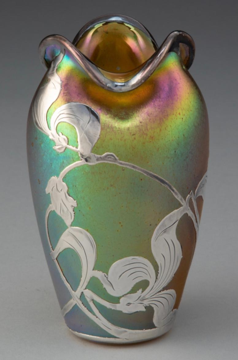 Art Nouveau Loetz Candia Silberiris Glass Vase with Silver Overlay For Sale
