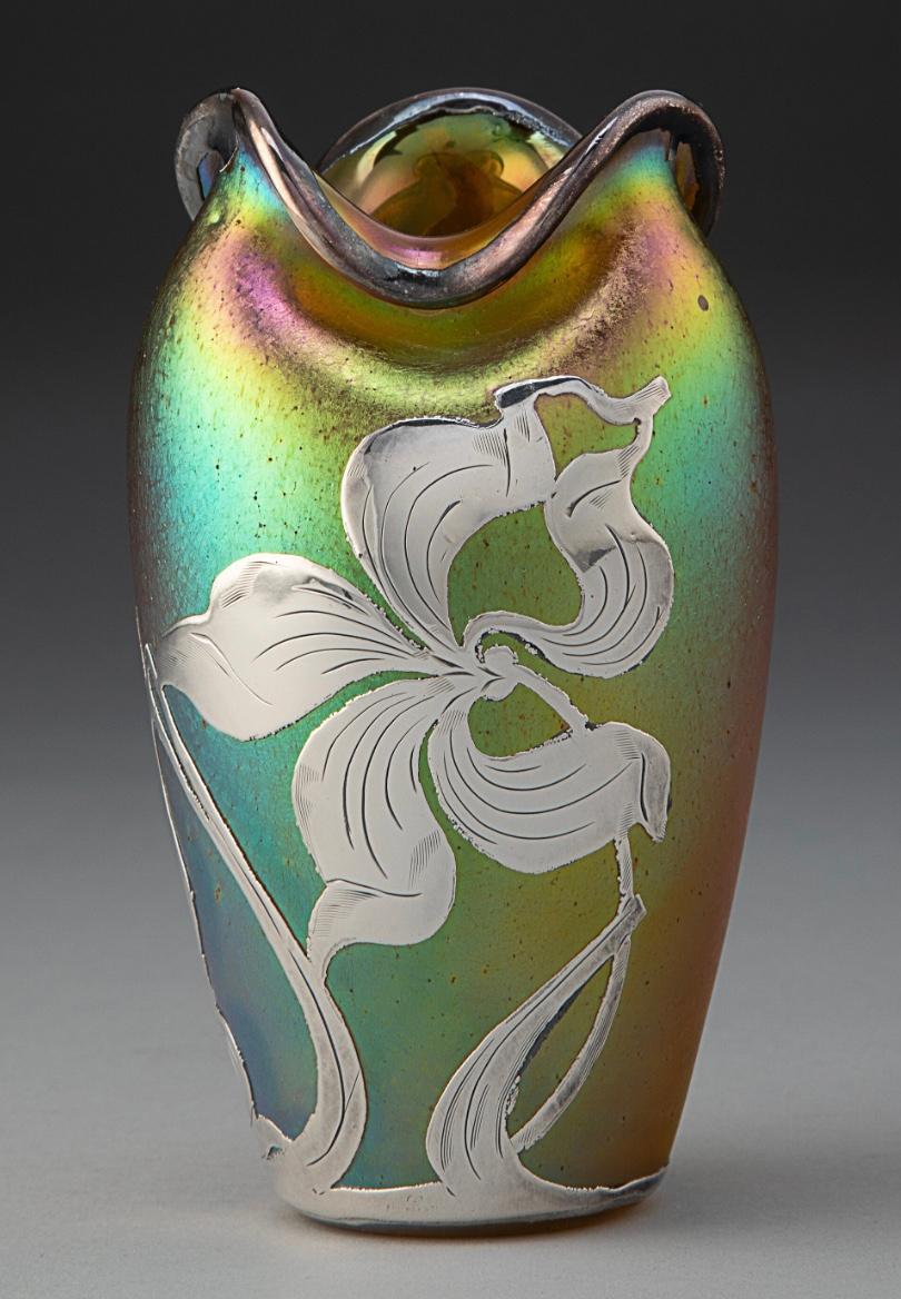 Silvered Loetz Candia Silberiris Glass Vase with Silver Overlay For Sale