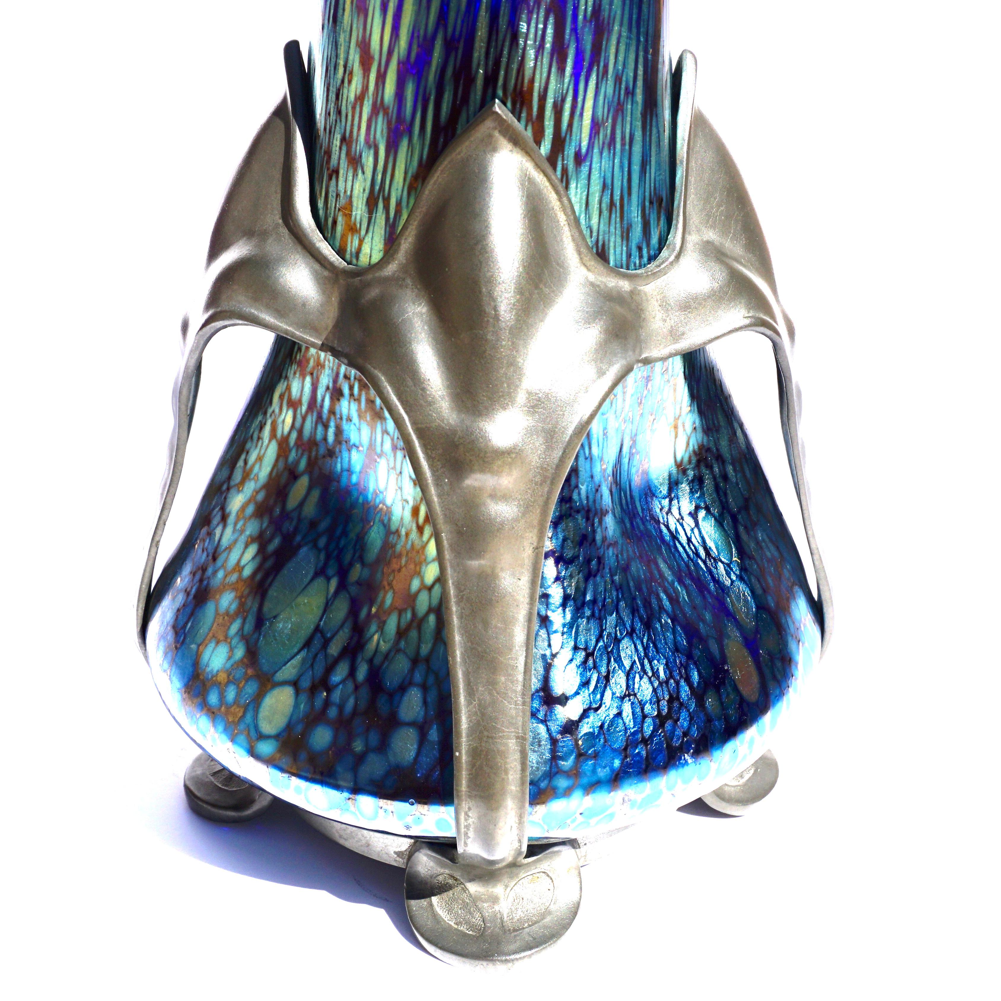 Art Glass Loetz Cobalt Papillon Art Nouveau Vase For Sale