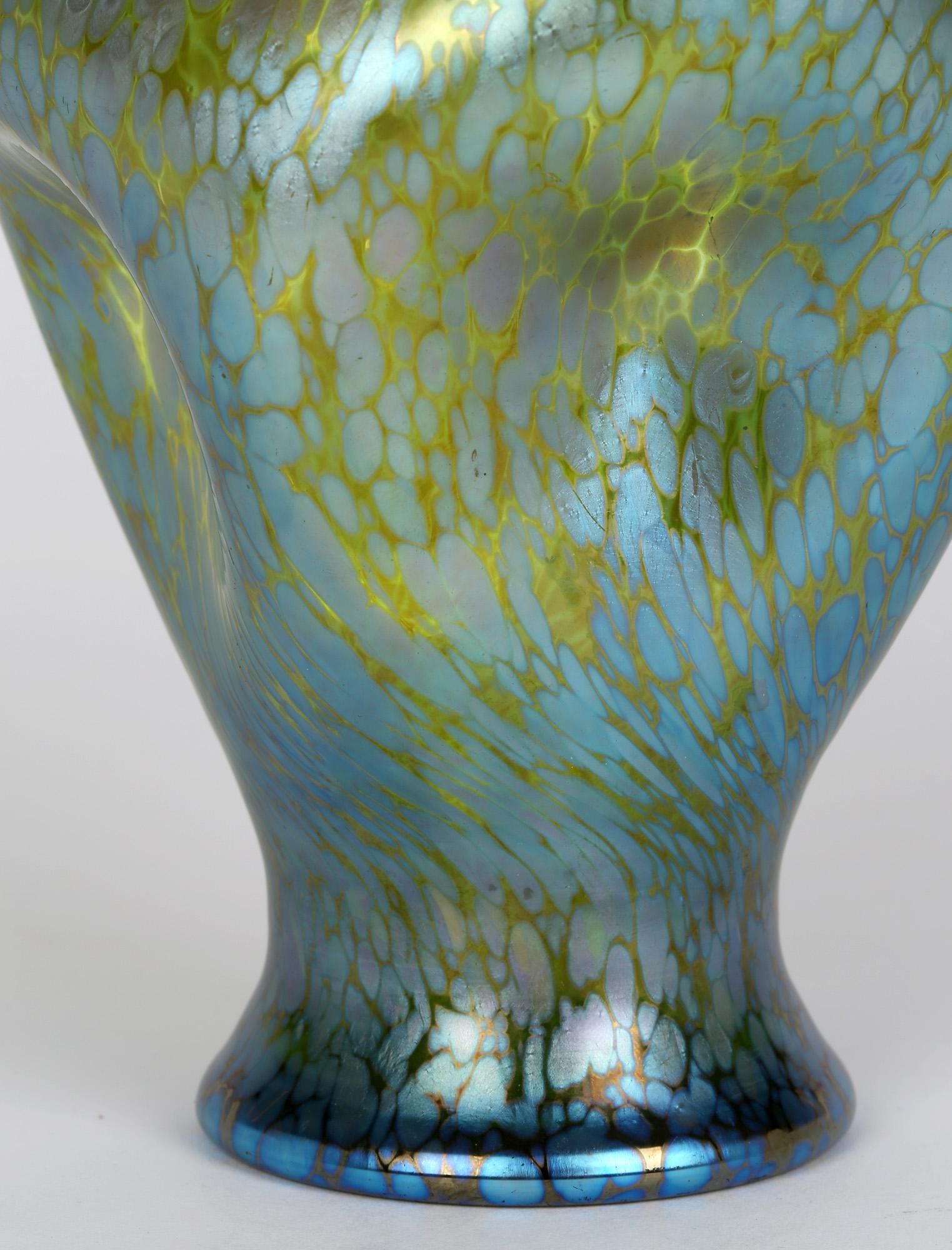 Loetz Crete Papillon Iridescent Green Glass Pinched Design Vase 1