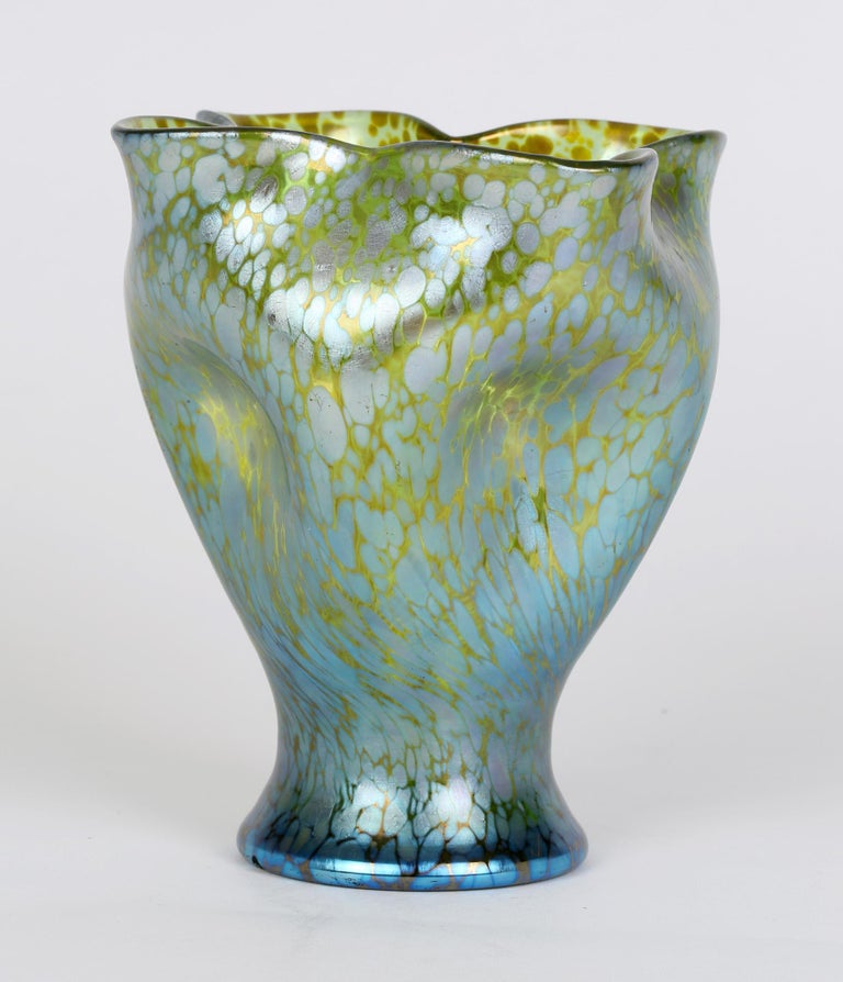 Loetz Crete Papillon Iridescent Green Glass Pinched Design Vase For Sale 3