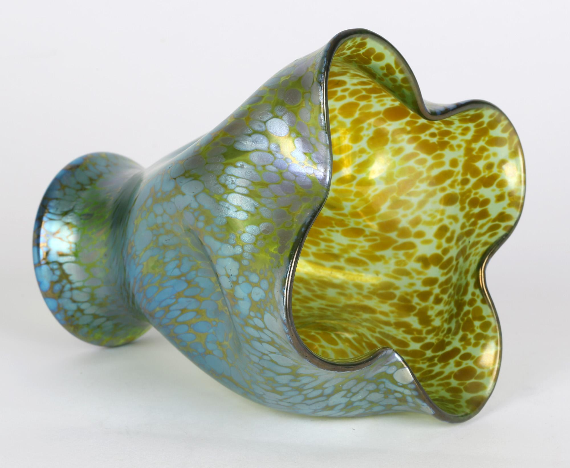Loetz Crete Papillon Iridescent Green Glass Pinched Design Vase 3