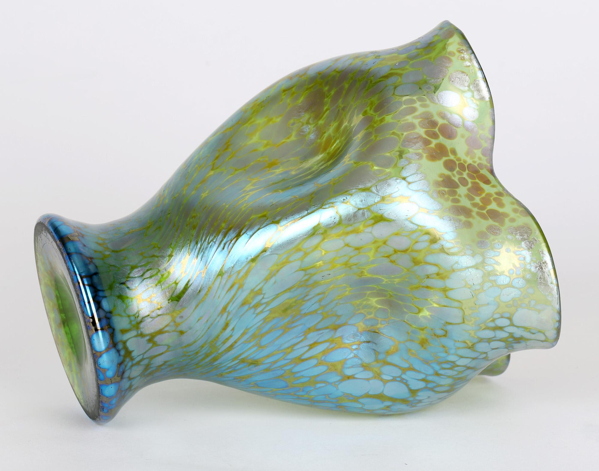 Art Nouveau Loetz Crete Papillon Iridescent Green Glass Pinched Design Vase