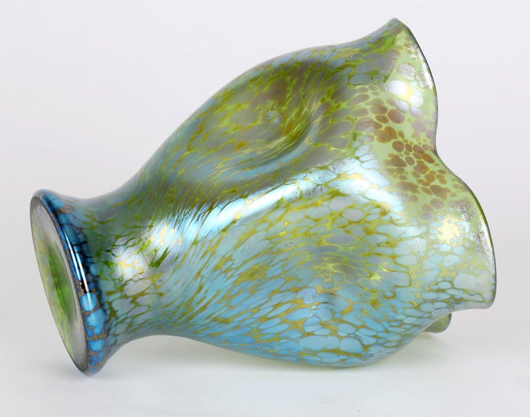 Austrian Loetz Crete Papillon Iridescent Green Glass Pinched Design Vase For Sale