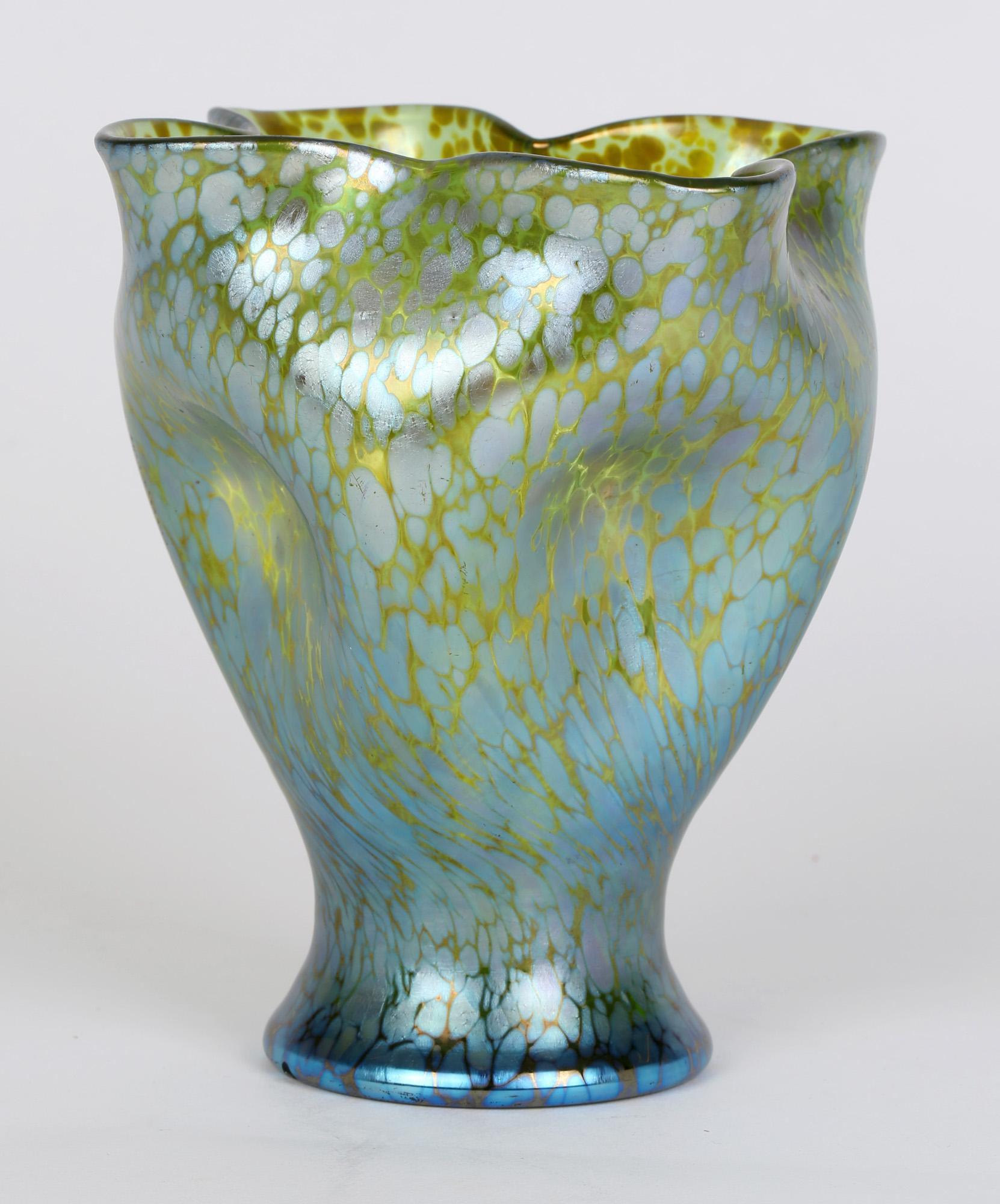Austrian Loetz Crete Papillon Iridescent Green Glass Pinched Design Vase