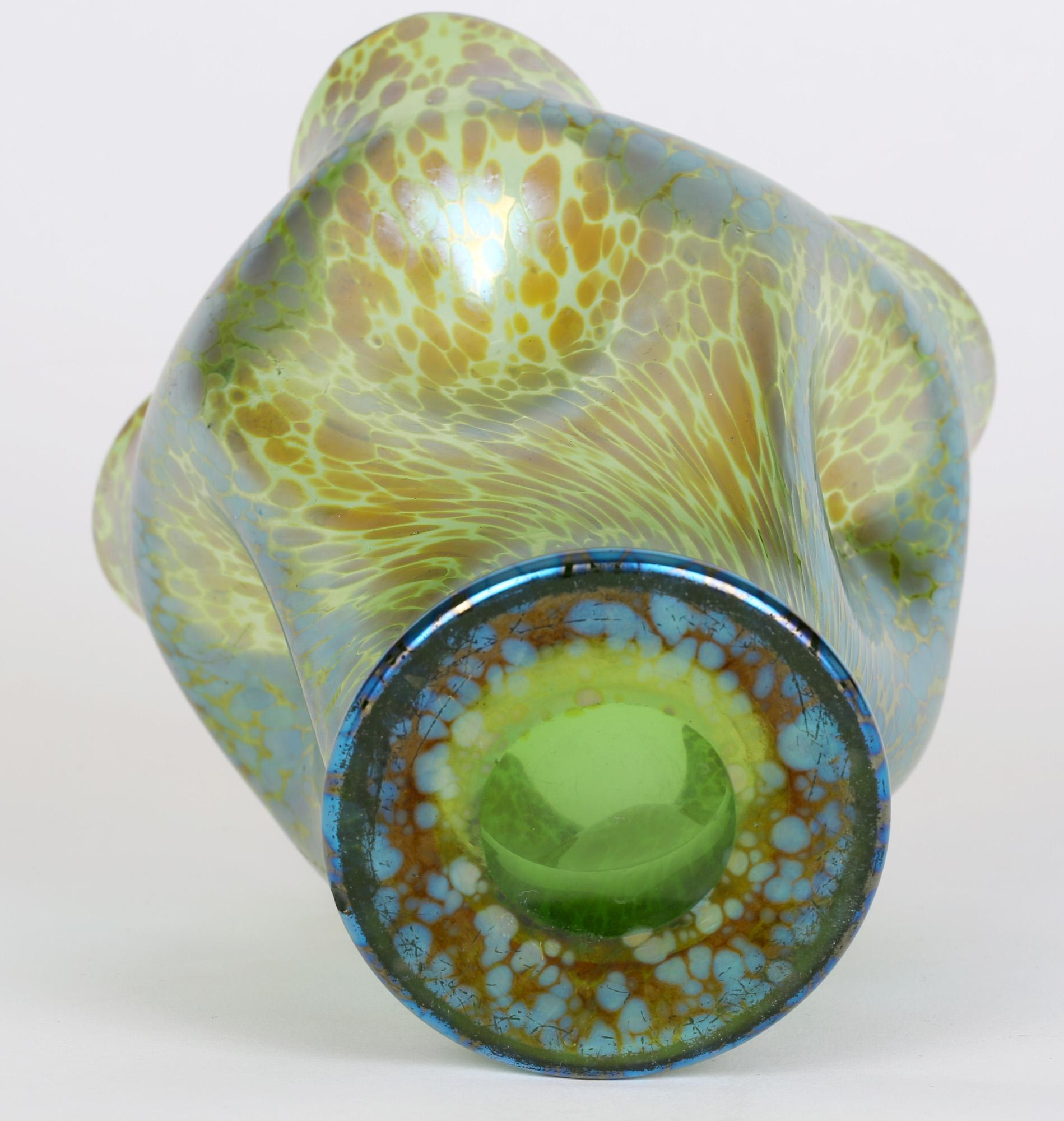 Hand-Crafted Loetz Crete Papillon Iridescent Green Glass Pinched Design Vase