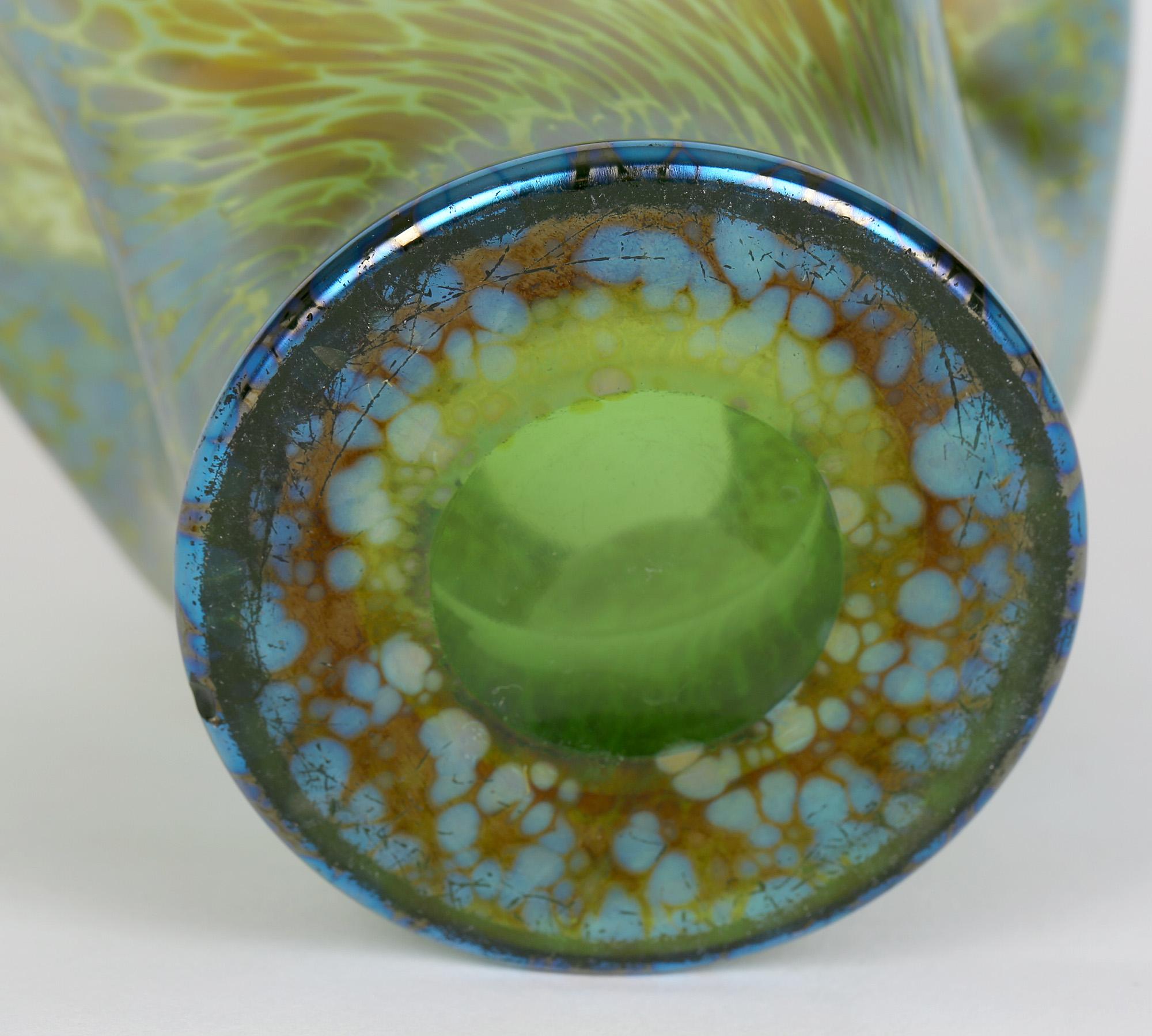 Hand-Crafted Loetz Crete Papillon Iridescent Green Glass Pinched Design Vase